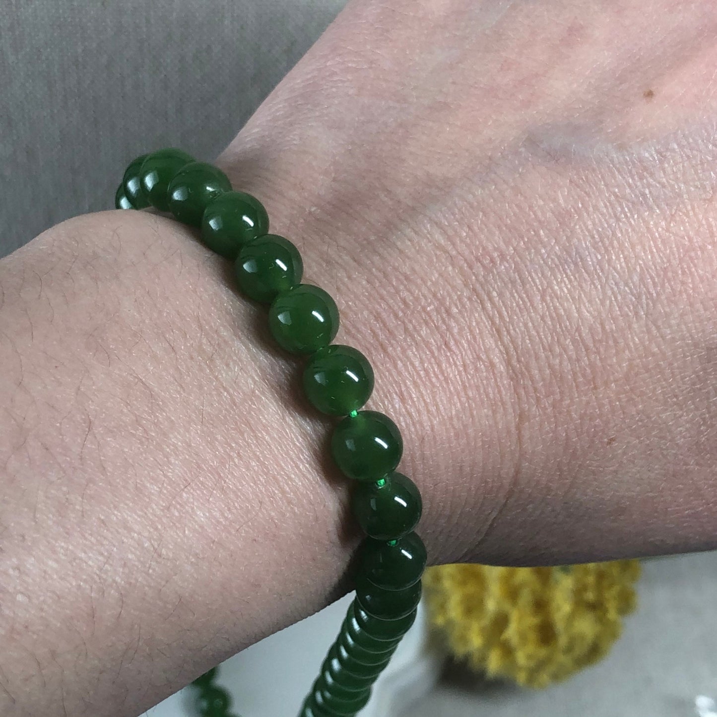 Reserved: 7.7mm Grade A Hetian Jade Nephrite Imperial Green Round Jadeite Jade Bracelet Necklace. 58pcs.