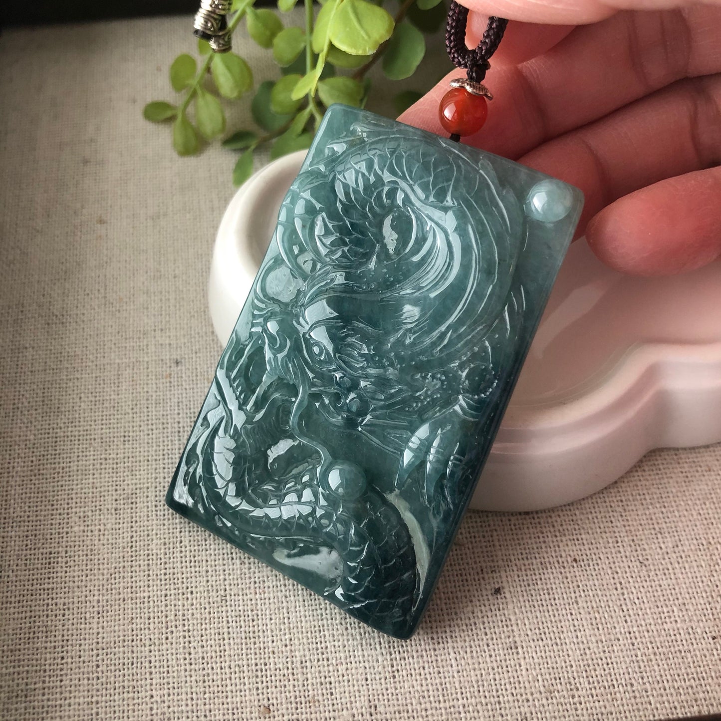 62.3mm Jadeite Jade Blue Green Carved Dragon Pendant Neck Rope Tie