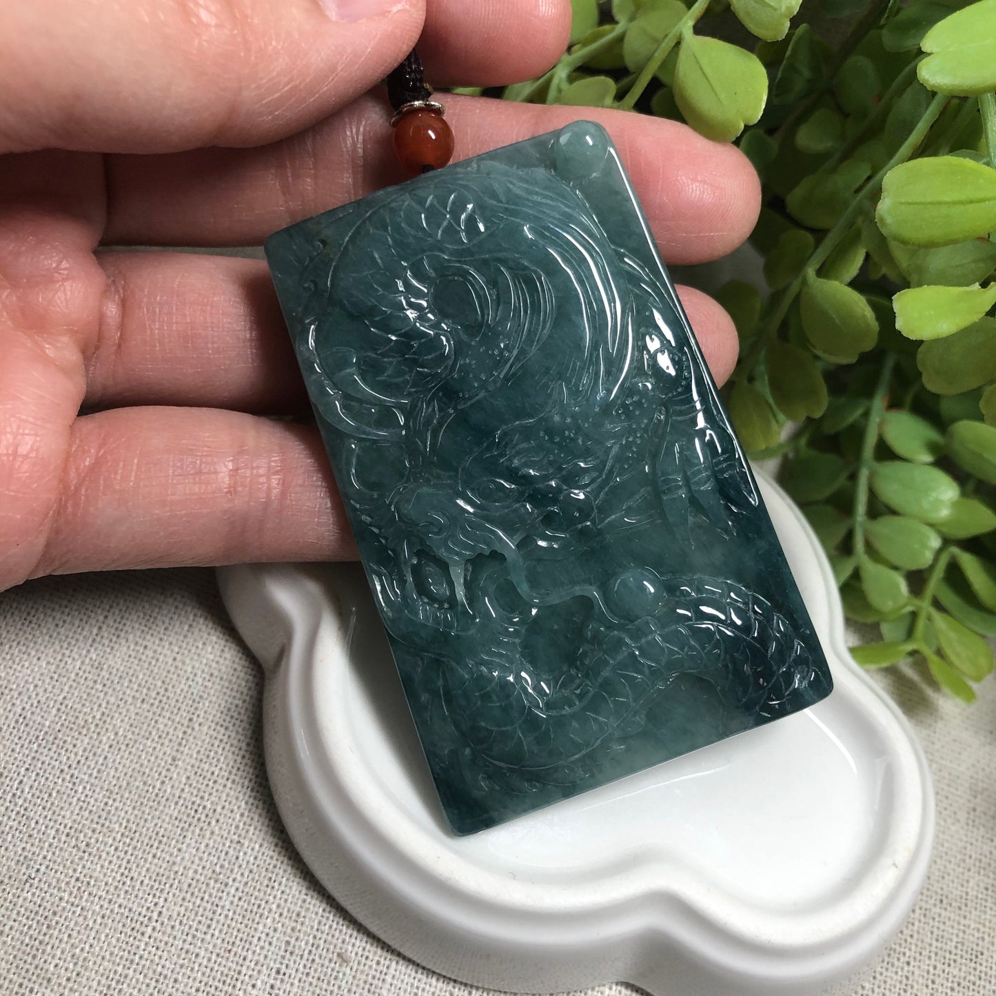 62.3mm Jadeite Jade Blue Green Carved Dragon Pendant Neck Rope Tie