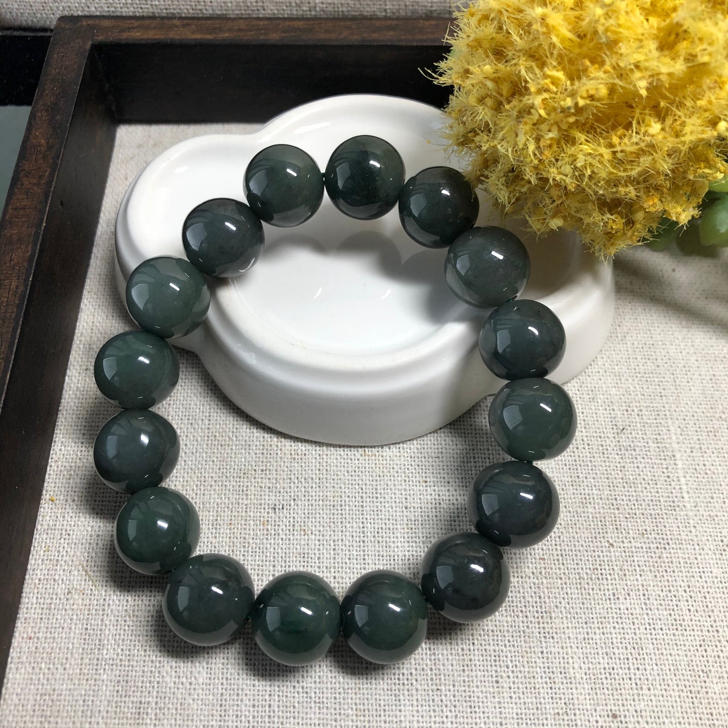 13 mm Grade A Olive Green Jadeite Jade Bead Bracelet 16pcs.