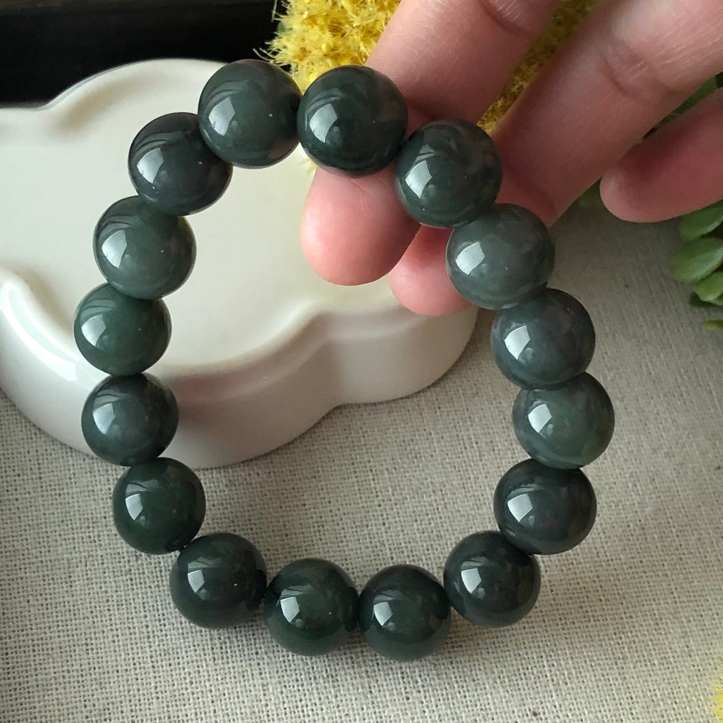 13 mm Grade A Olive Green Jadeite Jade Bead Bracelet 16pcs.