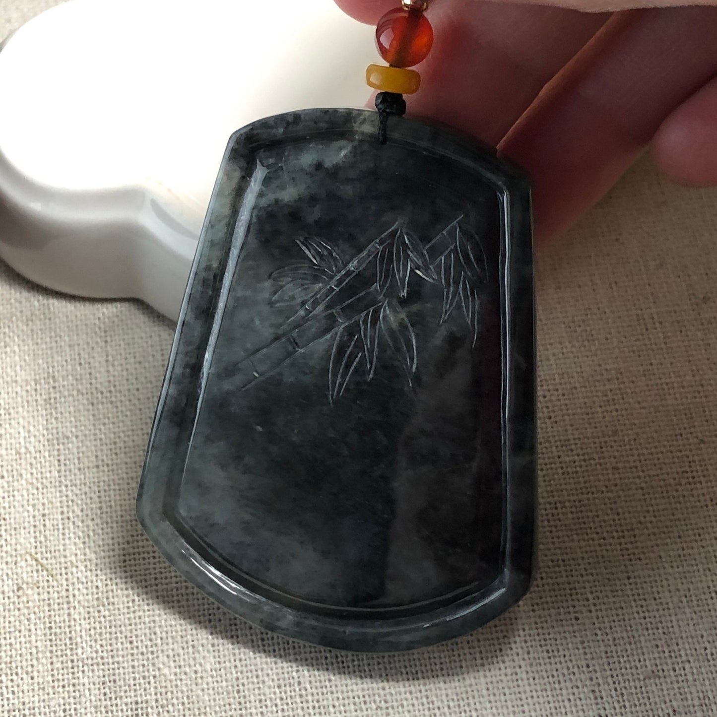 SALE: 61.6mm Jadeite Jade Wuji Black Carved Ram Mountain Scene Pendant