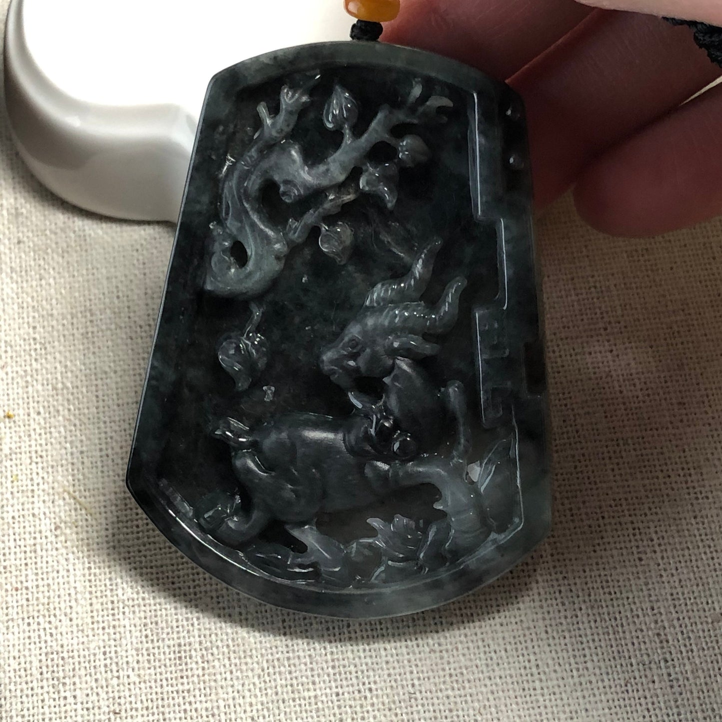 SALE: 61.6mm Jadeite Jade Wuji Black Carved Ram Mountain Scene Pendant
