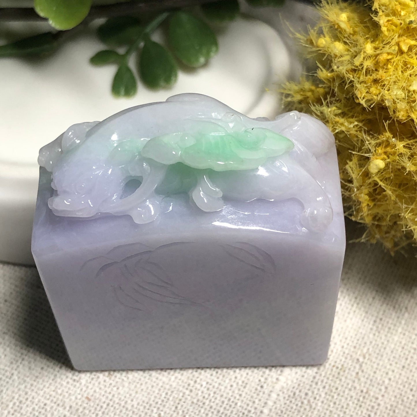 SALE: 46mm Jadeite Jade Carved Green Lavender Ruyi Pixiu Display Stamp
