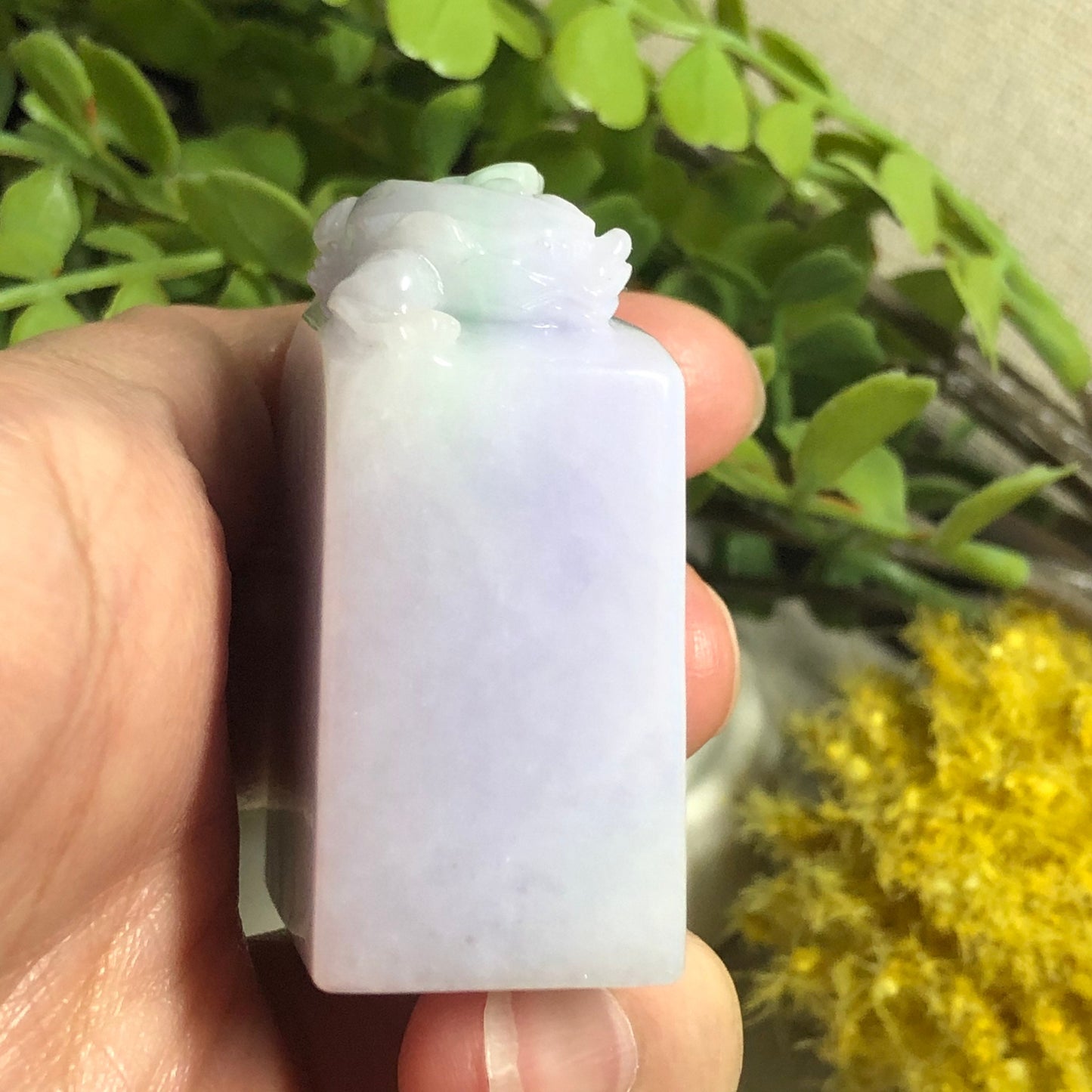 SALE: 46mm Jadeite Jade Carved Green Lavender Ruyi Pixiu Display Stamp