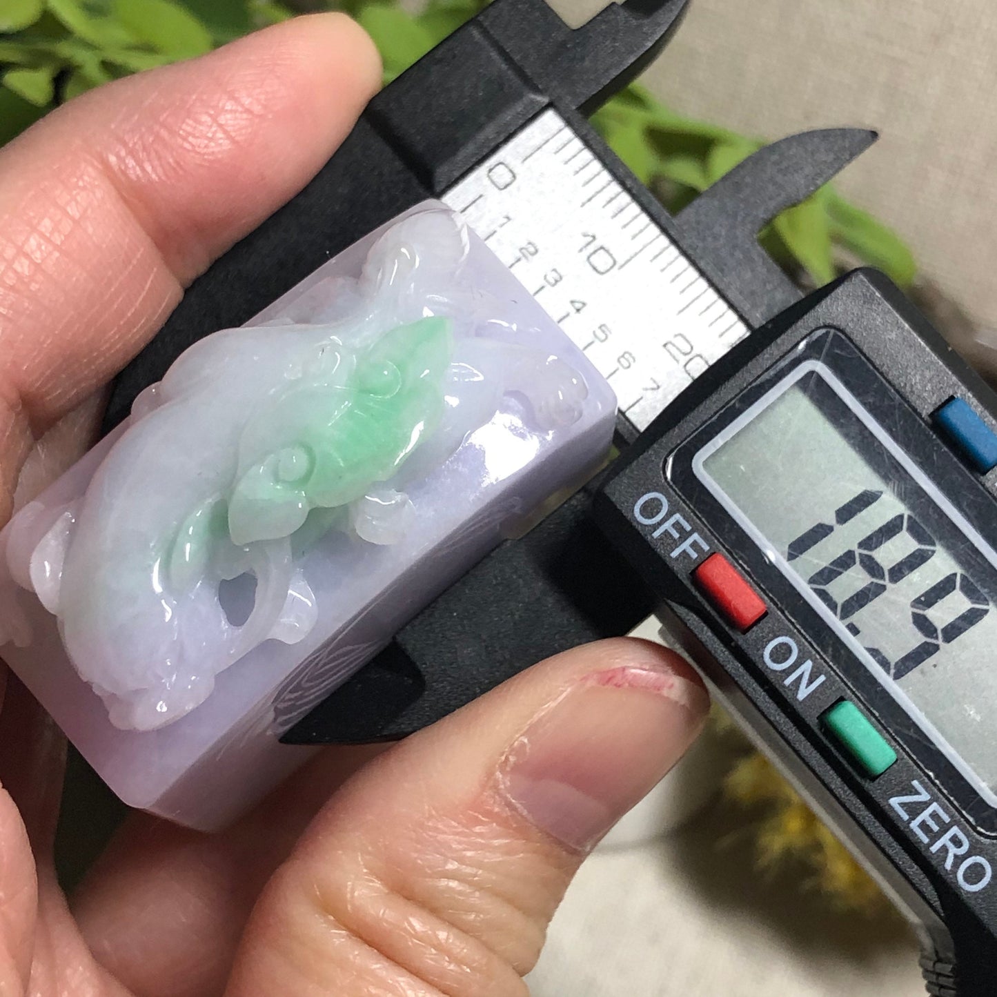 SALE: 46mm Jadeite Jade Carved Green Lavender Ruyi Pixiu Display Stamp