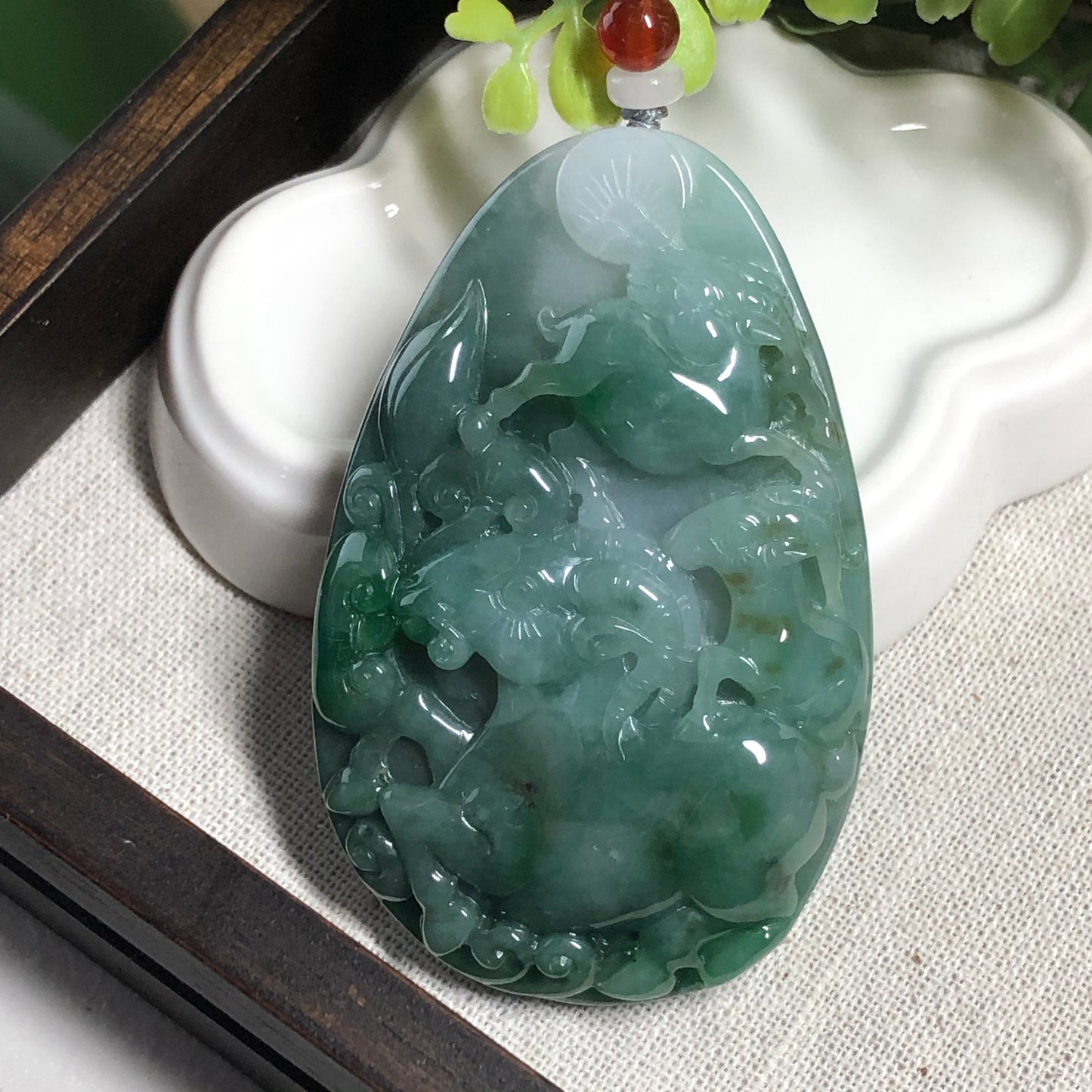 68.8mm Grade A Jadeite Jade Green Carved Lamb Sheep Ram Keychain or Pendant Display Figurine