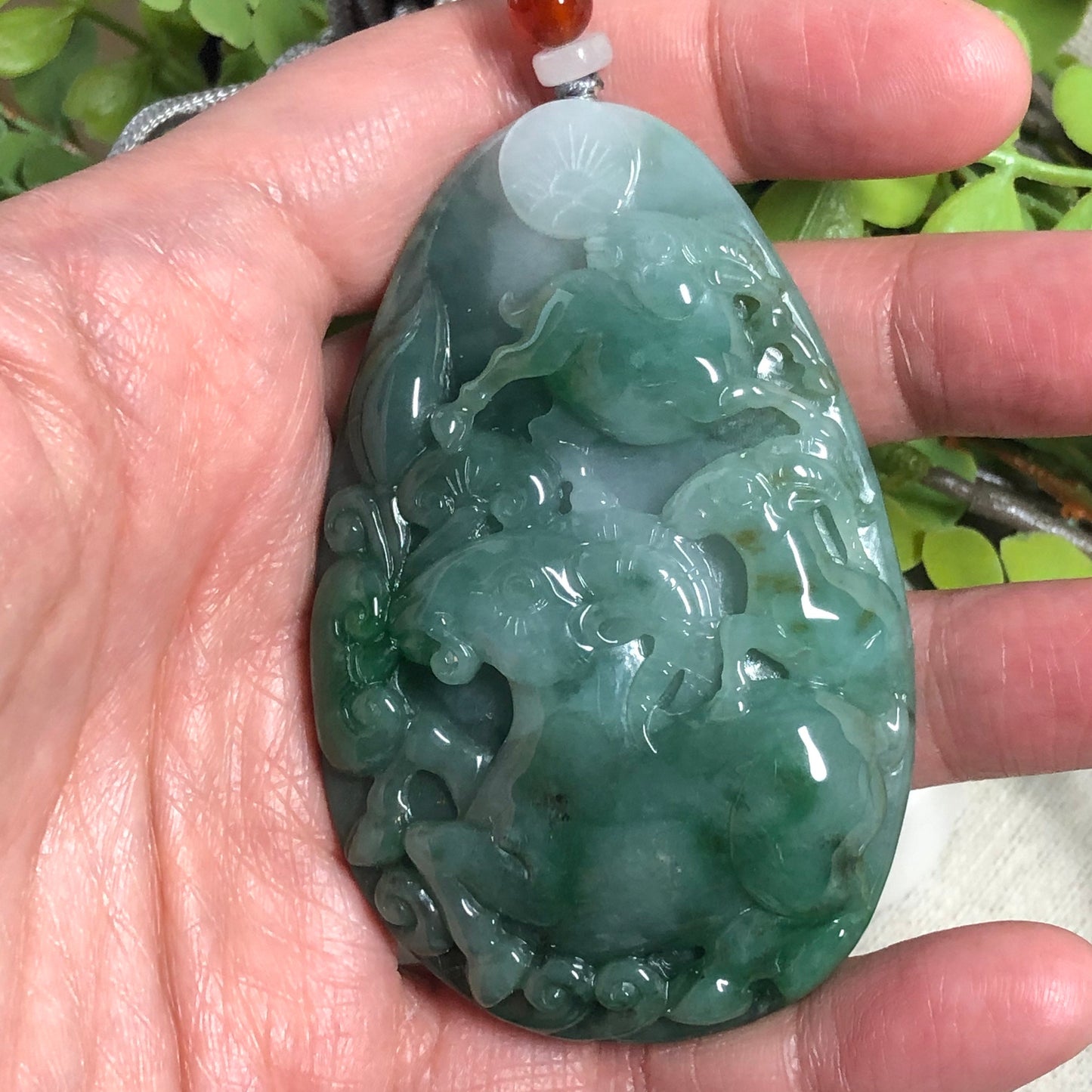 68.8mm Grade A Jadeite Jade Green Carved Lamb Sheep Ram Keychain or Pendant Display Figurine