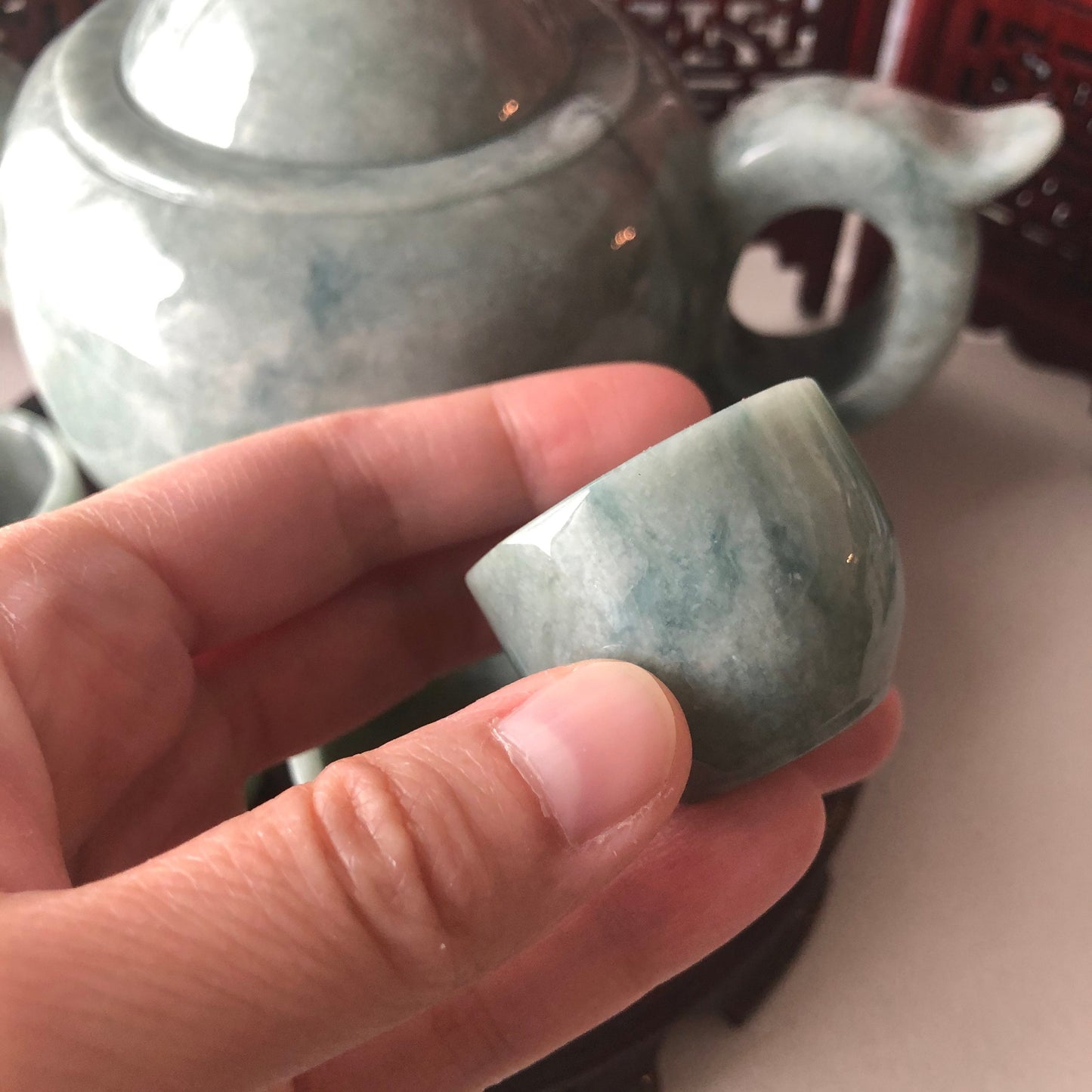 SALE: Grade A Green Float Flowers Teapot Cup Set Jadeite Jade Display Figurine