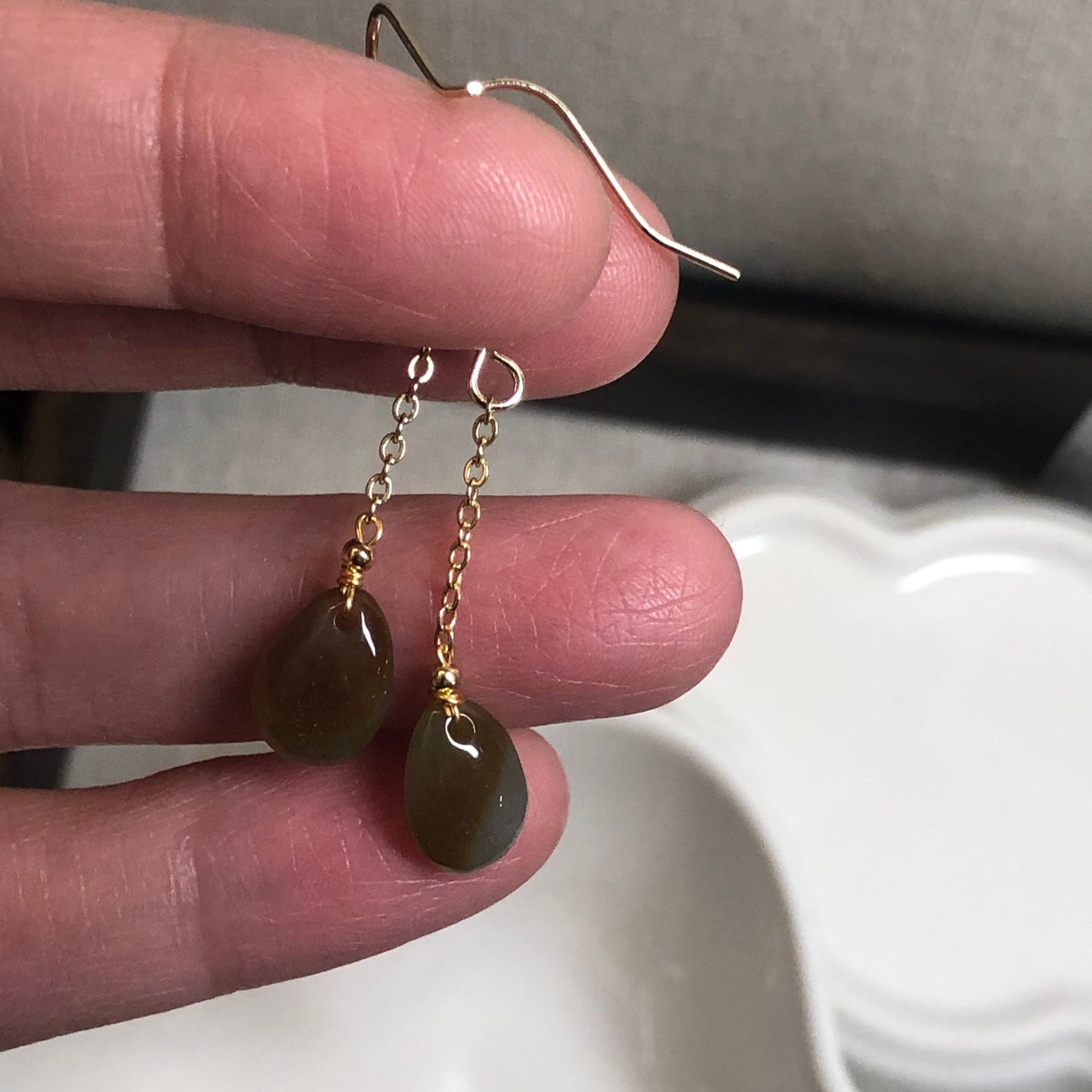14K Grade A Jadeite Earthy Yellow Brown Dainty Drop Dangling Earrings