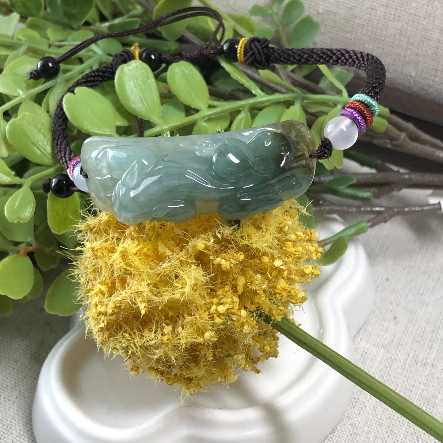 45.9mm Grade A Lake Green Yellow Brown Tail Carved Pixiu Jadeite Jade Rope Bracelet