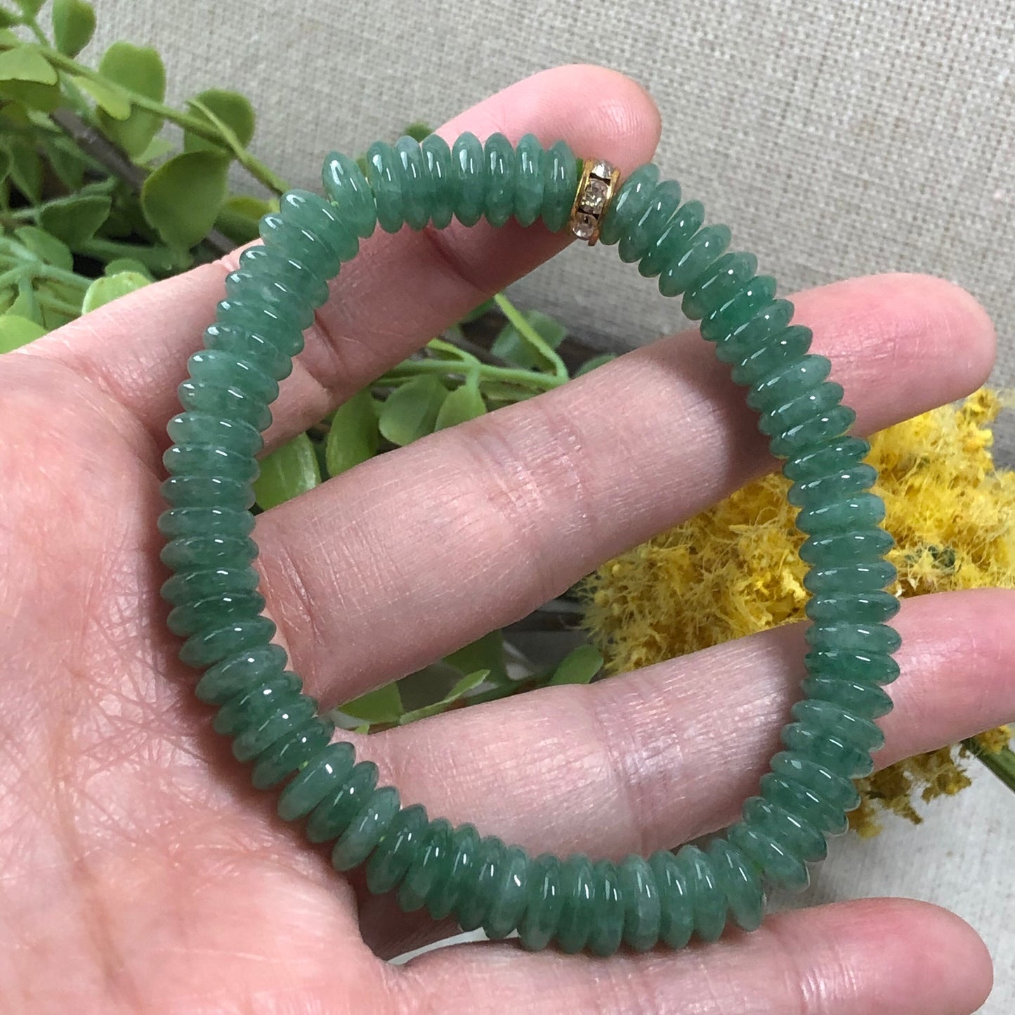 SALE: 7.8 mm Grade A Green Mini Peace Donut l Flat Bead Jadeite Jade Bead Bracelet