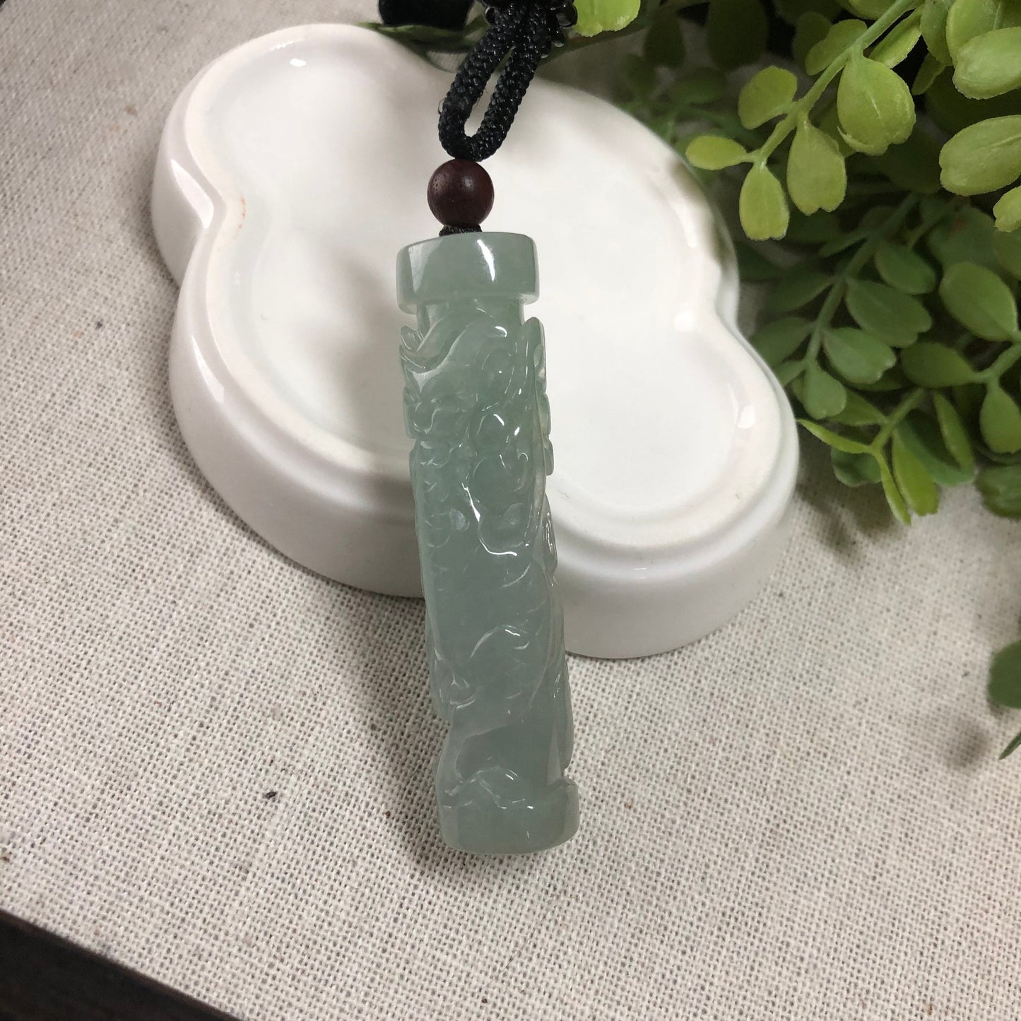 56.8 Jadeite Jade Icy Carved Dragon Pole Pendant Keychain Charm