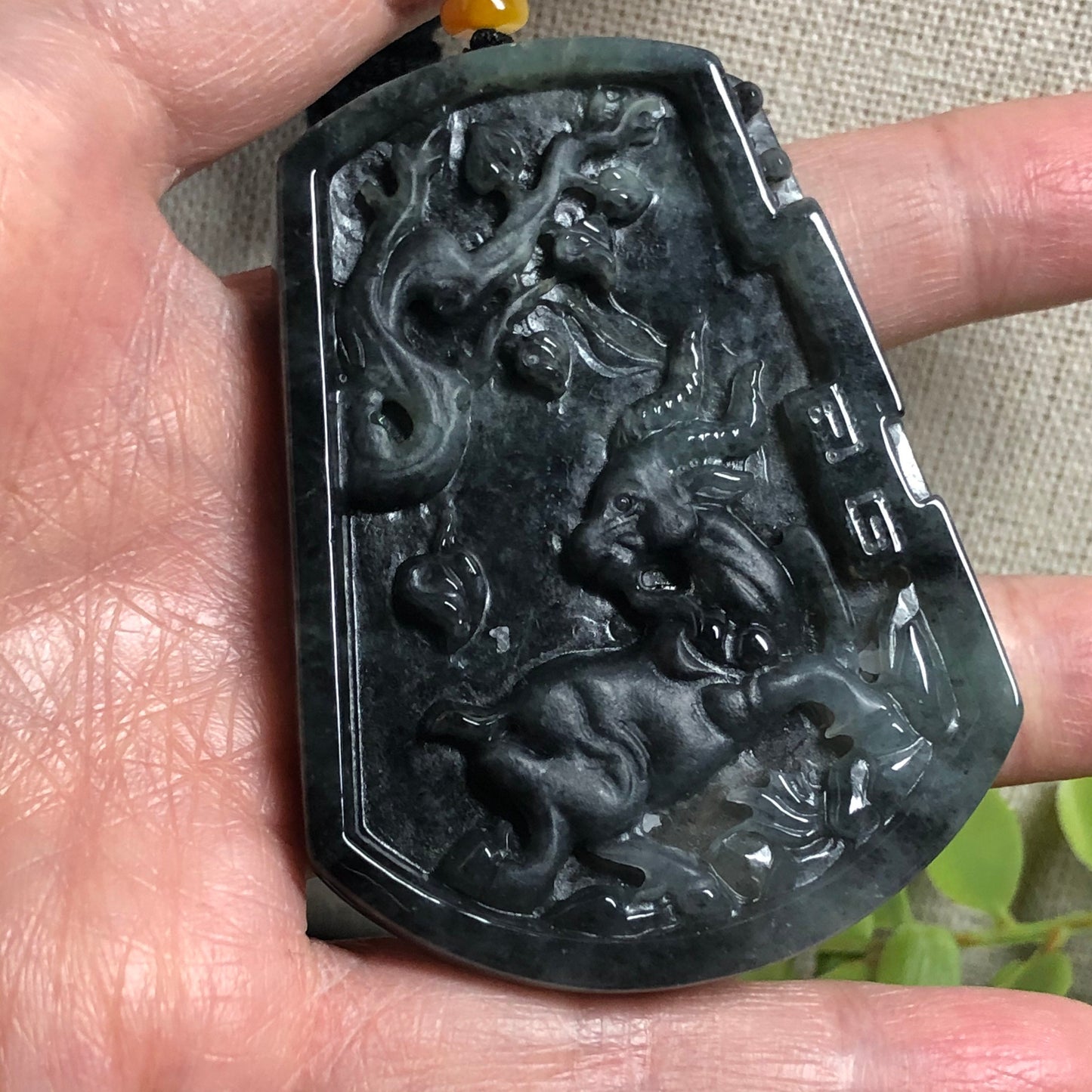 SALE: 61.6mm Jadeite Jade Wuji Black Carved Ram Mountain Scene Pendant