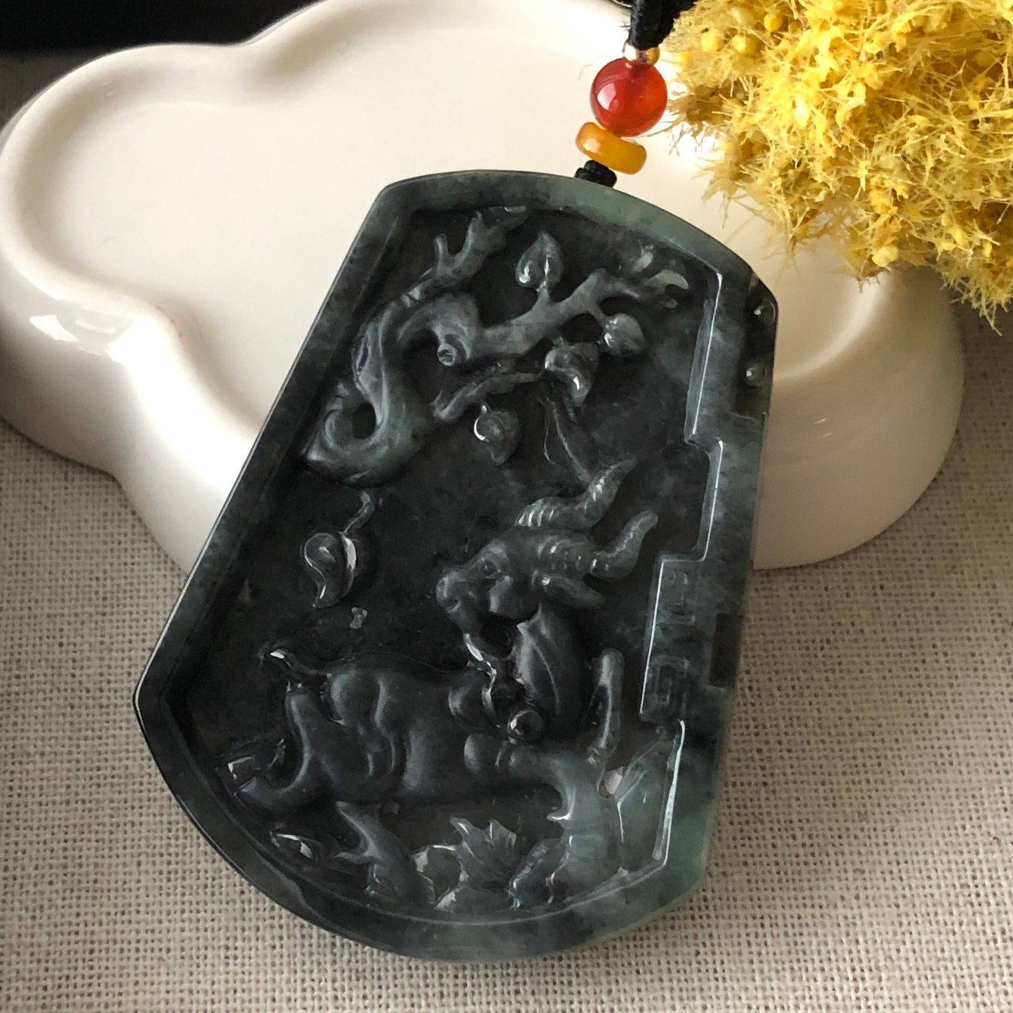 SALE: 61.6mm Jadeite Jade Wuji Black Carved Ram Mountain Scene Pendant