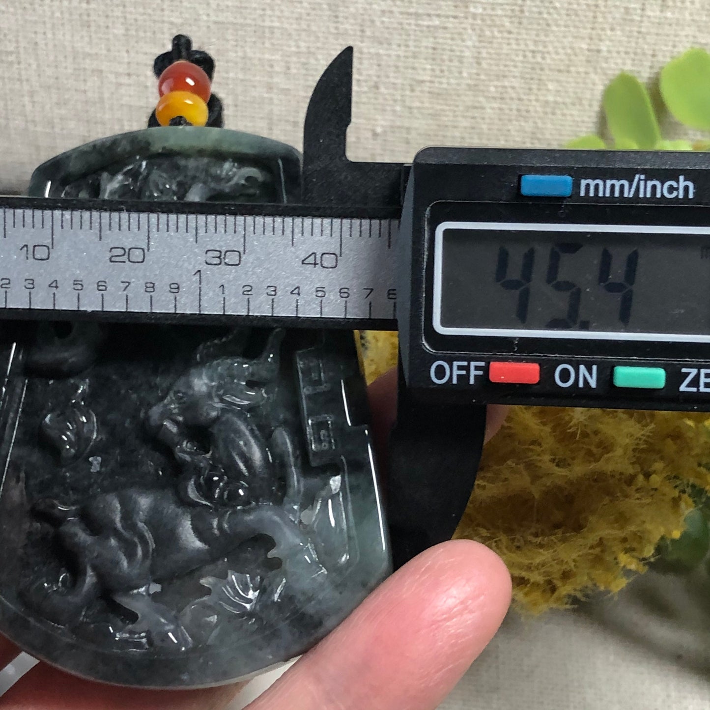 SALE: 61.6mm Jadeite Jade Wuji Black Carved Ram Mountain Scene Pendant