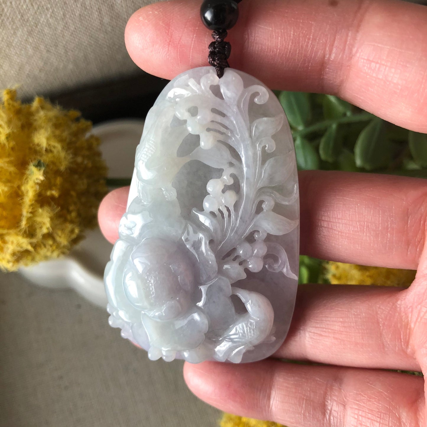 66mm Jadeite Jade Icy Glutinous Carved Flower Bird Landscape Pendant