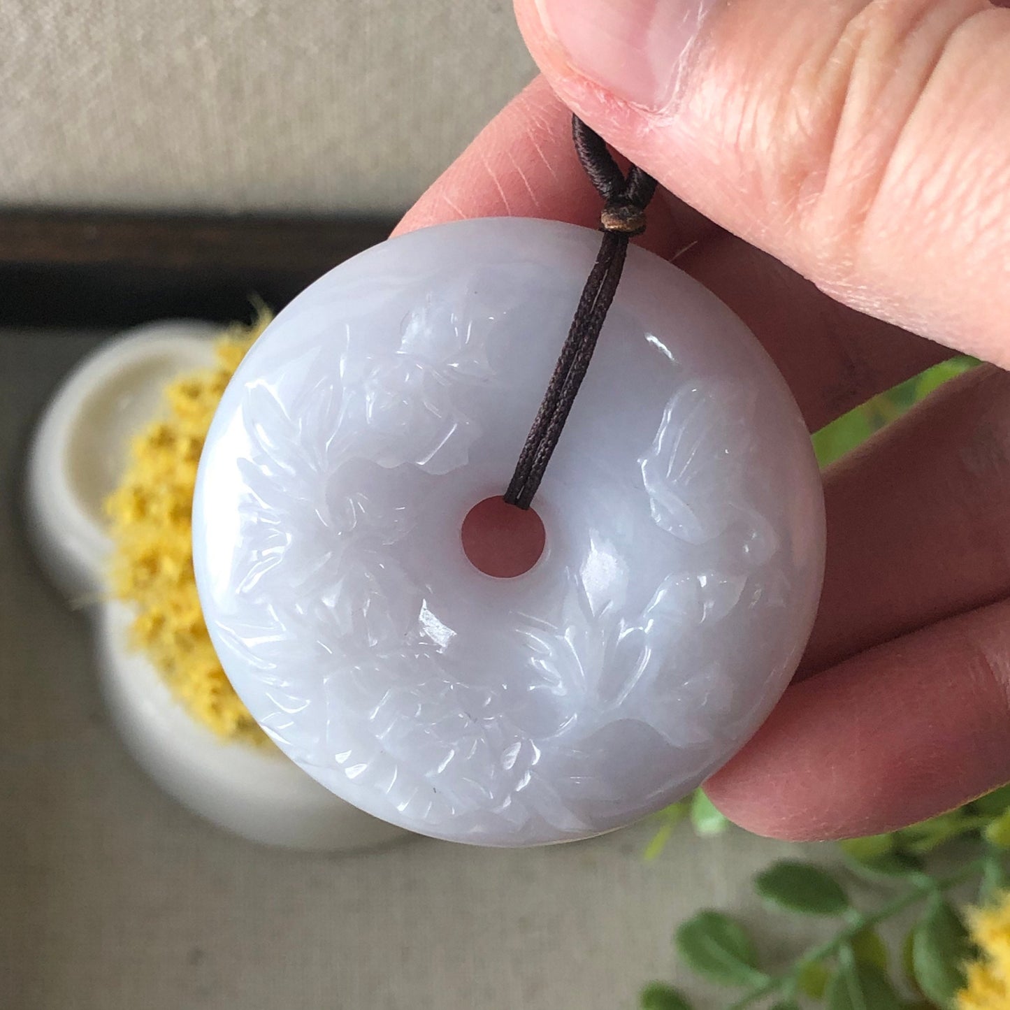43 mm Grade Icy Jadeite Jade Carved Flower Peace Donut Pendant