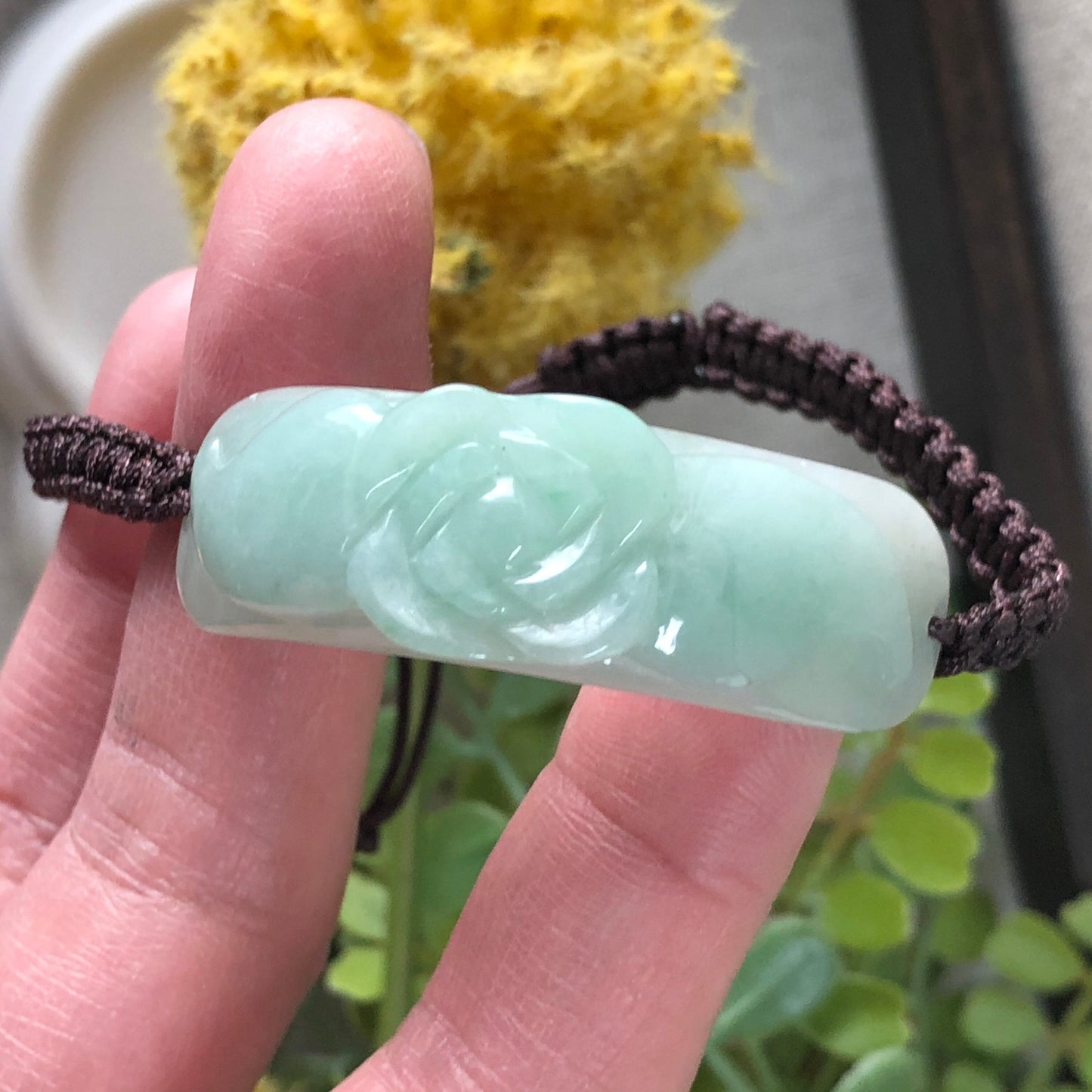 SALE: 44.6mm Grade A Carved Flower Bow Jadeite Jade Rope Bracelet