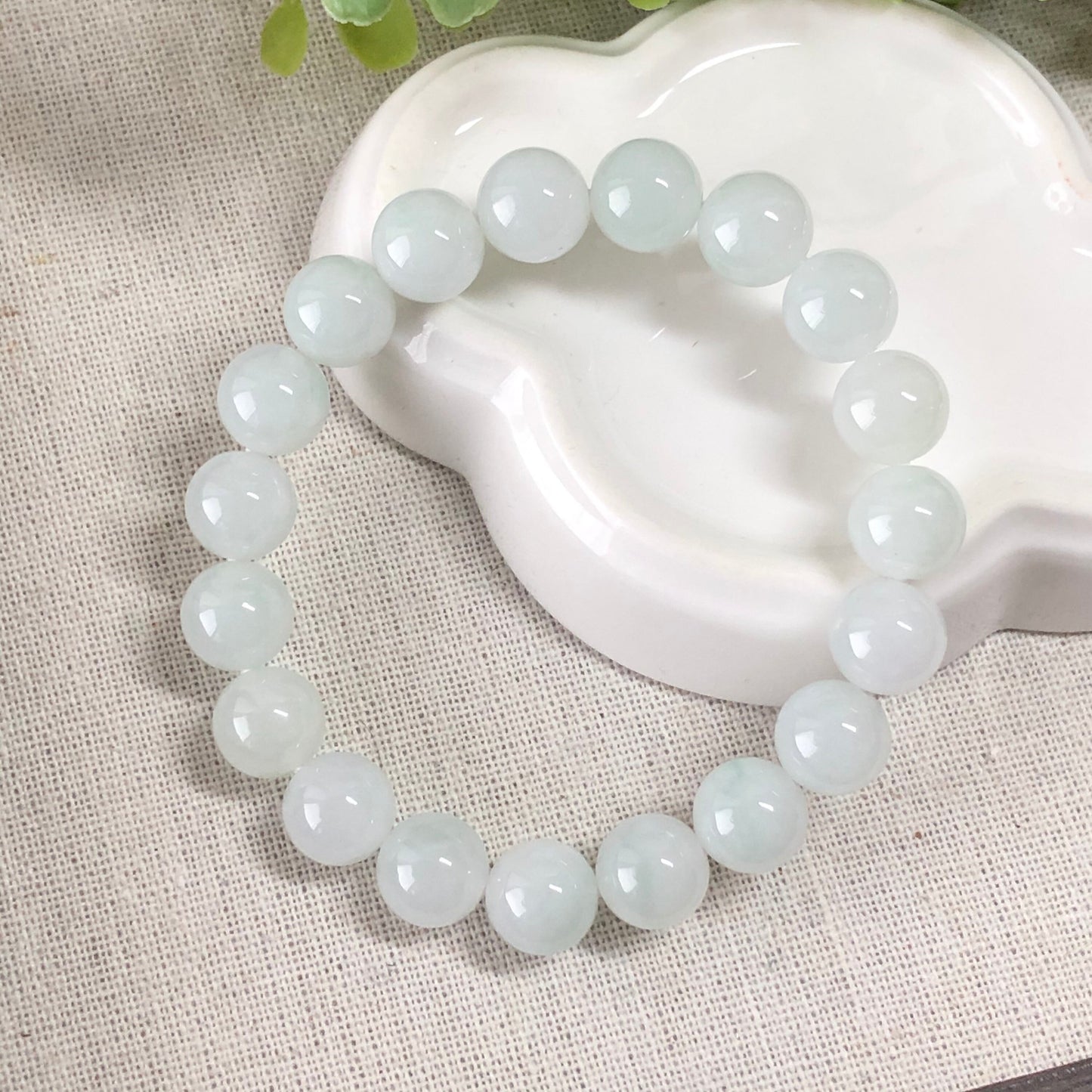 10 mm Grade A Icy Tint Green Jadeite Jade Bead Bracelet 10 mm x 19 pcs.