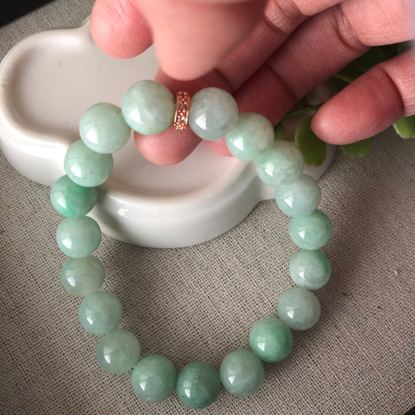 10mm Jade Jadeite Green Round Bead Bracelet 19pcs.