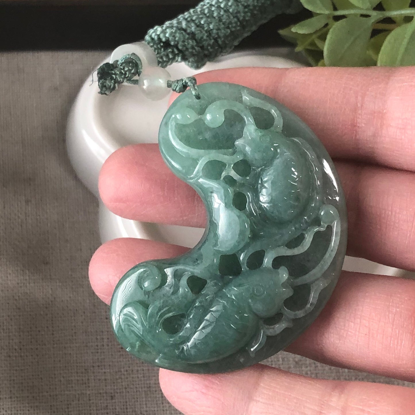 Jadeite Jade Green Carved Double Koi Fish Pendant