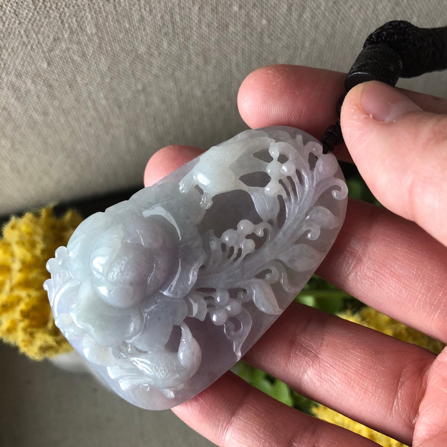 66mm Jadeite Jade Icy Glutinous Carved Flower Bird Landscape Pendant