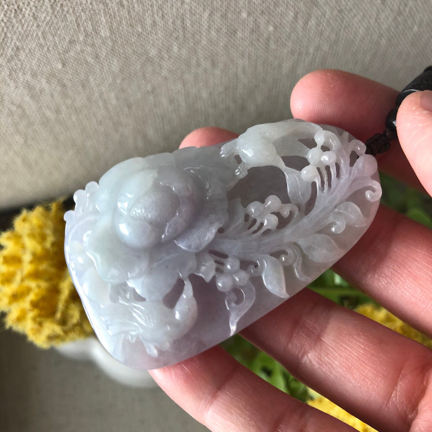 66mm Jadeite Jade Icy Glutinous Carved Flower Bird Landscape Pendant