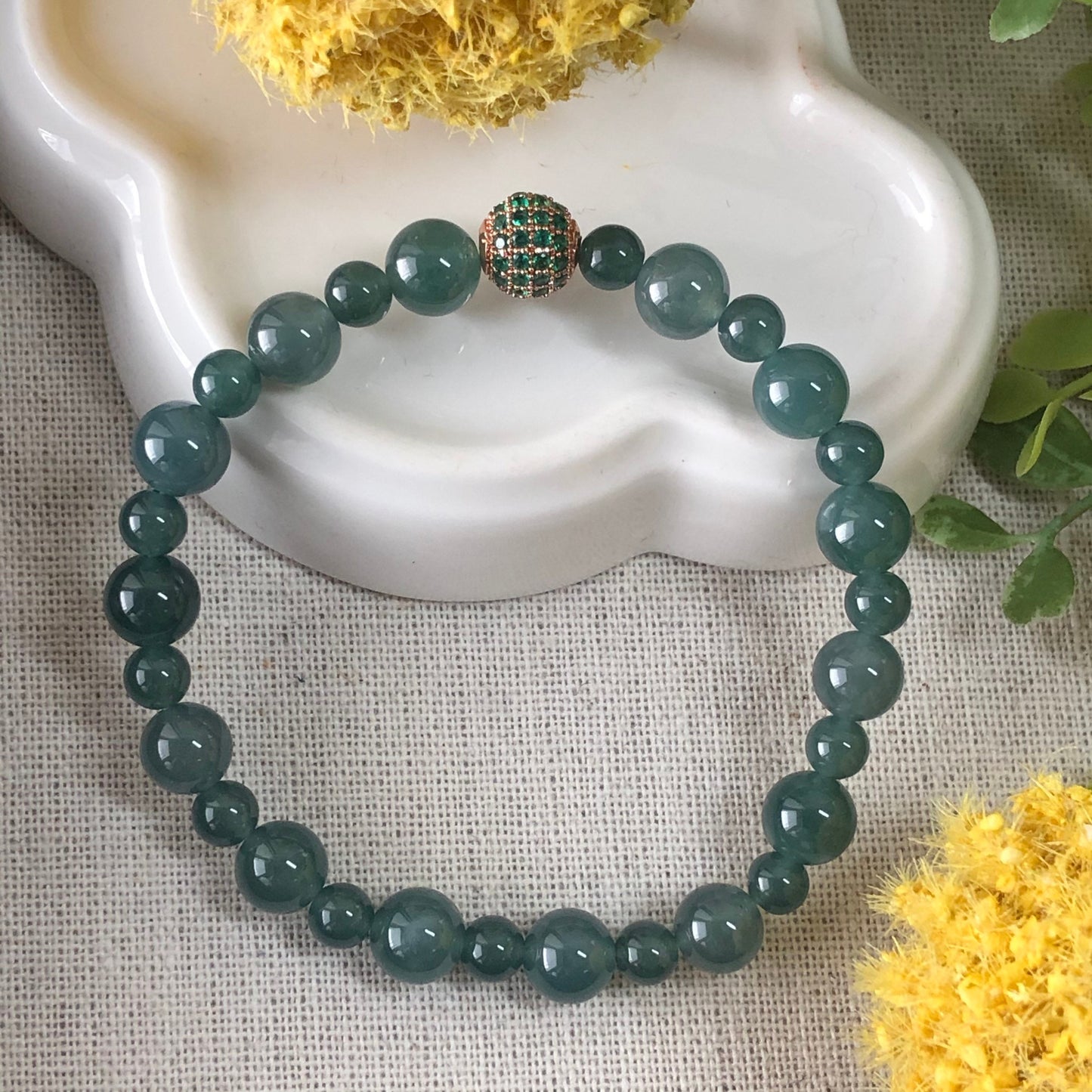 5-6.7 mm Blue Green Jadeite Jade Bead Bracelet 5-7 mm x 24 pcs.