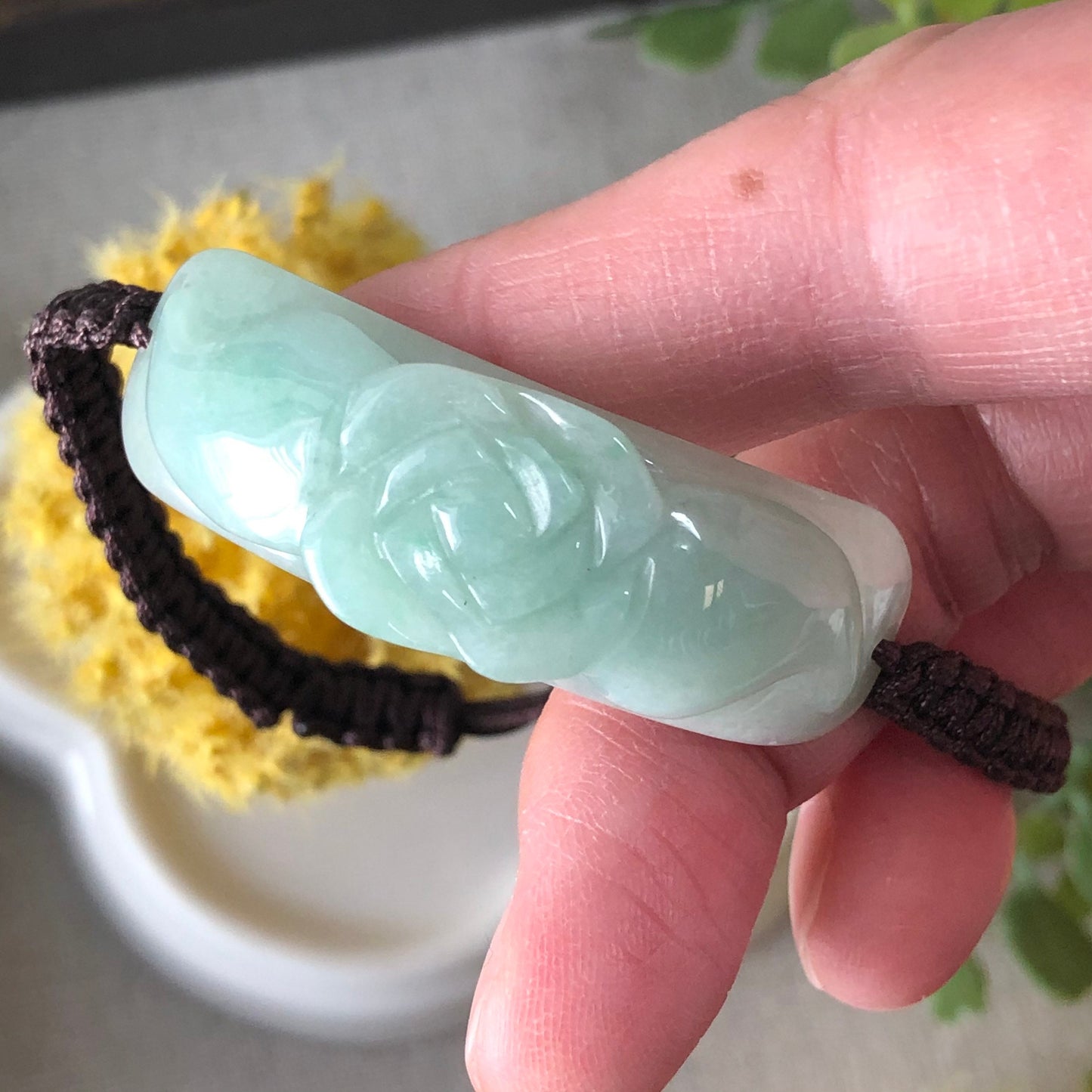SALE: 44.6mm Grade A Carved Flower Bow Jadeite Jade Rope Bracelet