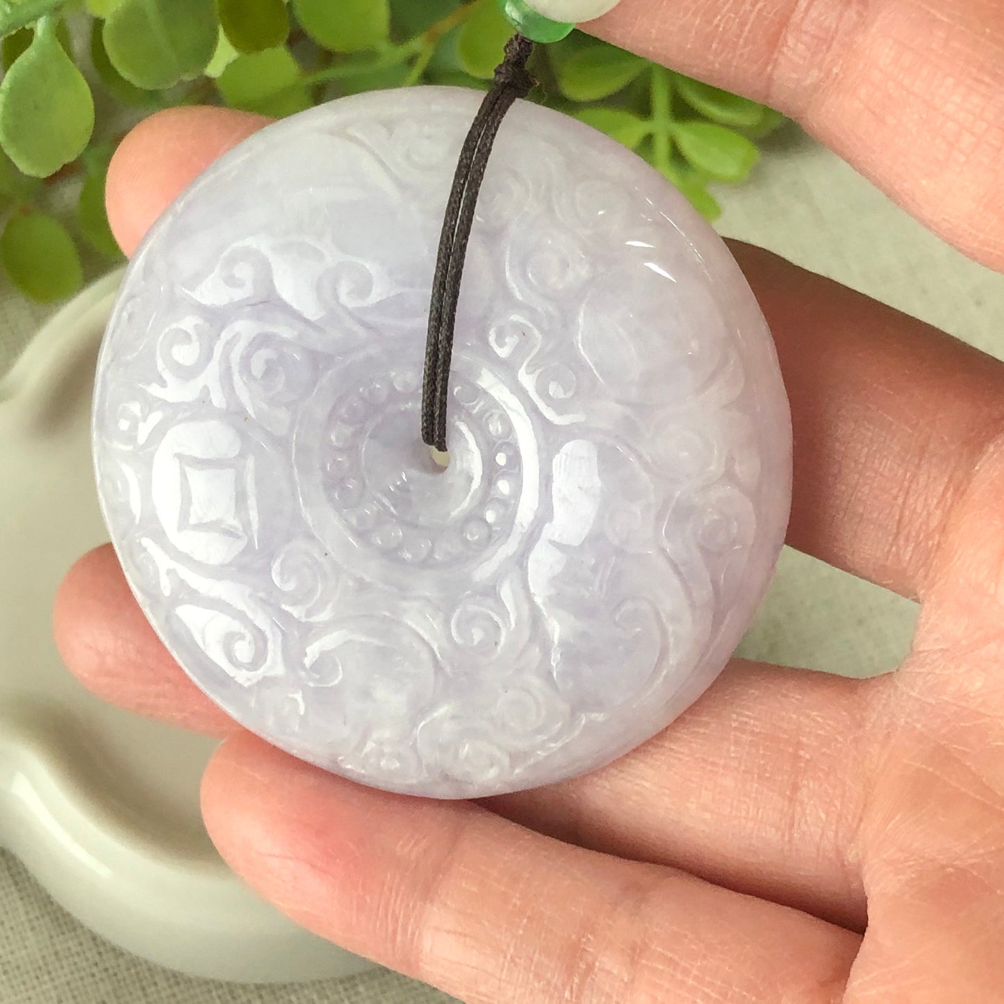 51 mm Grade Icy Light Lavender Jadeite Jade Carved Peace Donut Pendant