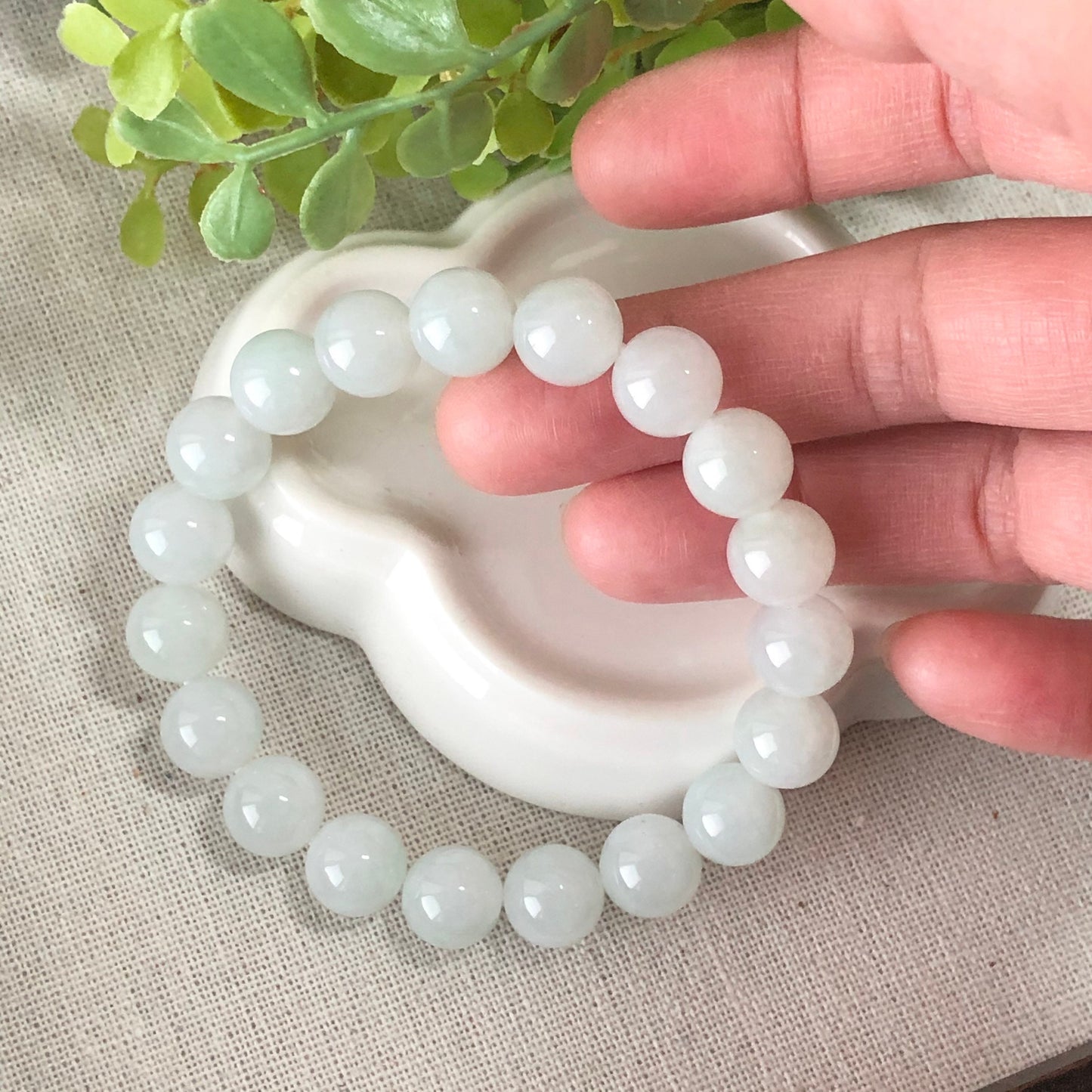 10 mm Grade A Icy Tint Green Jadeite Jade Bead Bracelet 10 mm x 19 pcs.