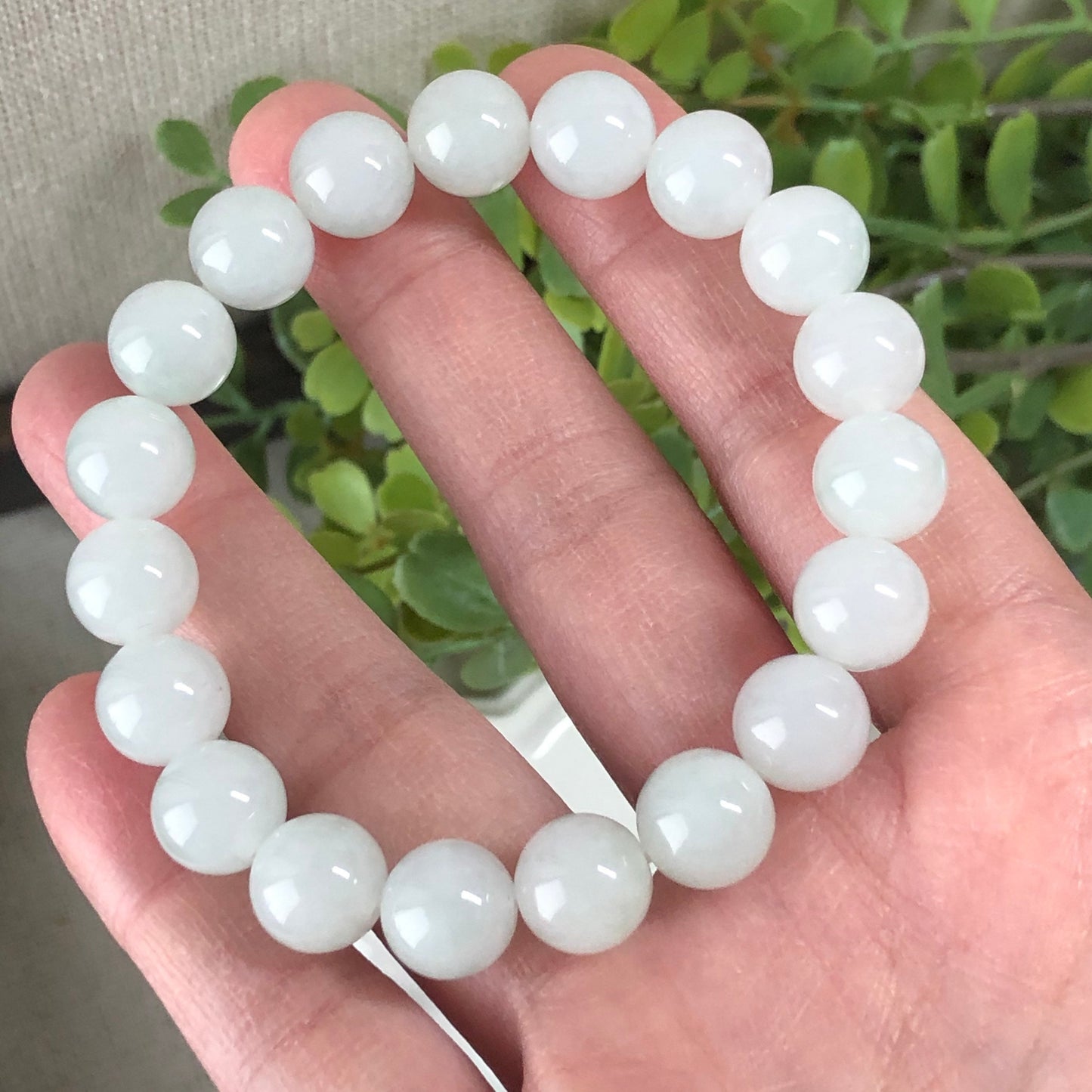 10 mm Grade A Icy Tint Green Jadeite Jade Bead Bracelet 10 mm x 19 pcs.
