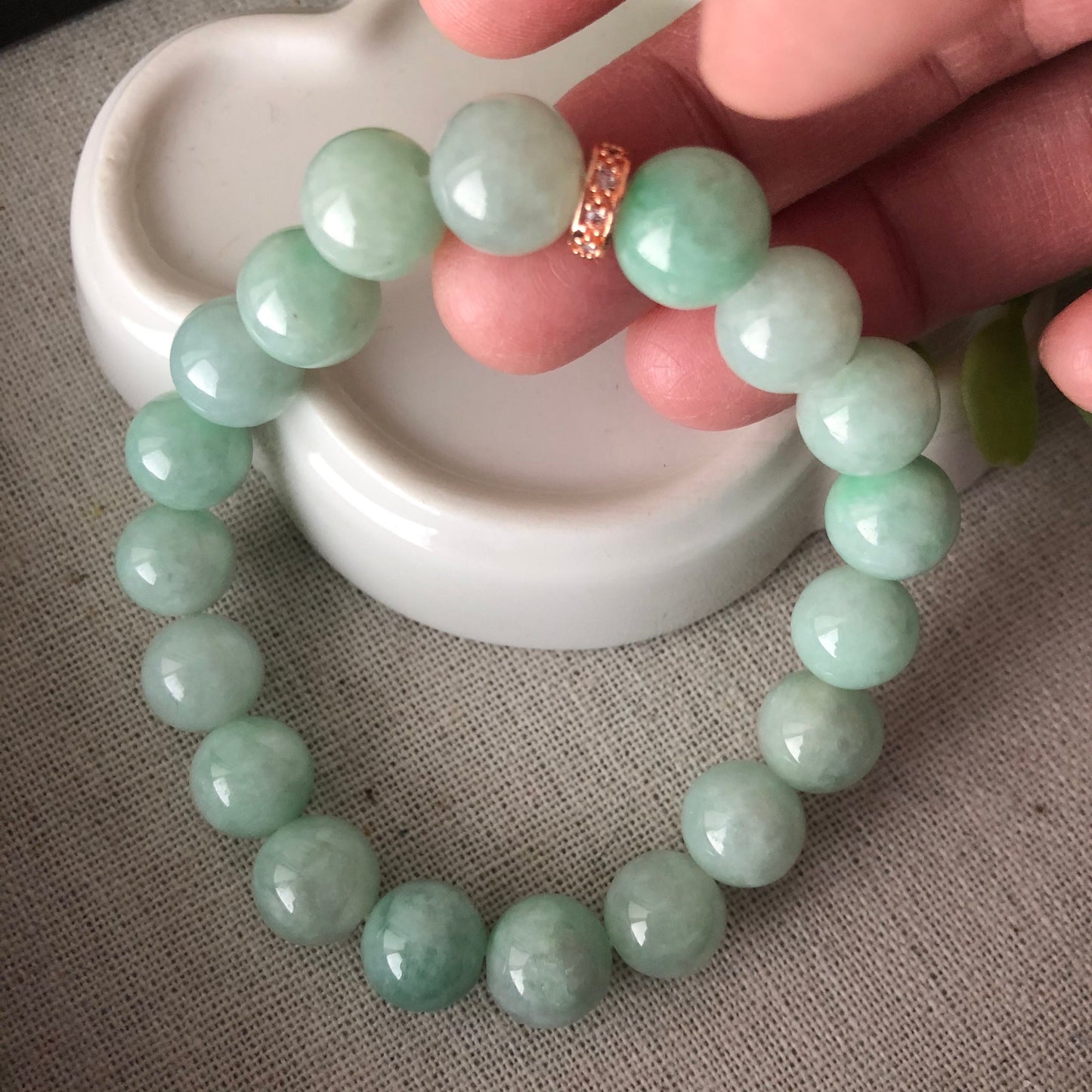 10mm Jade Jadeite Green Round Bead Bracelet 19pcs.