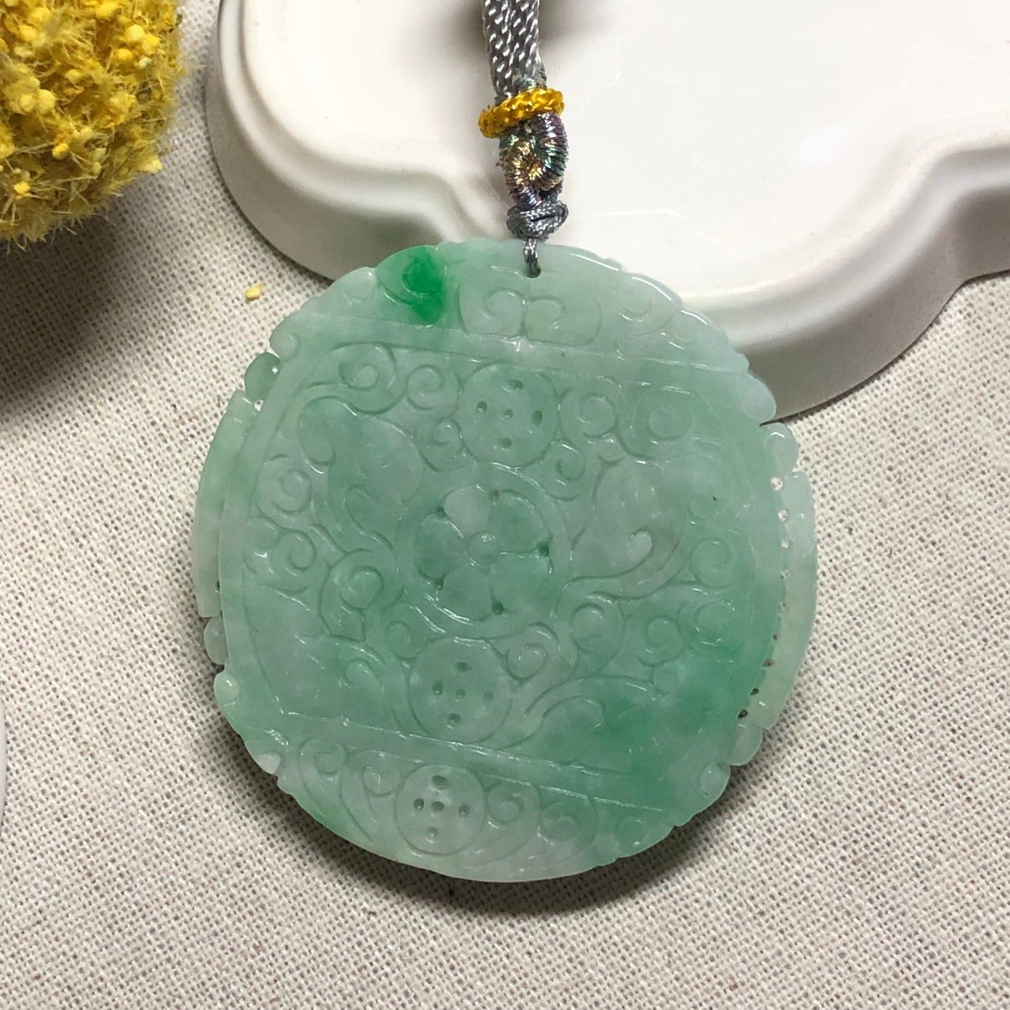 SALE: 56.7 mm Jadeite Jade Yang Green Carved Asian Design Pendant