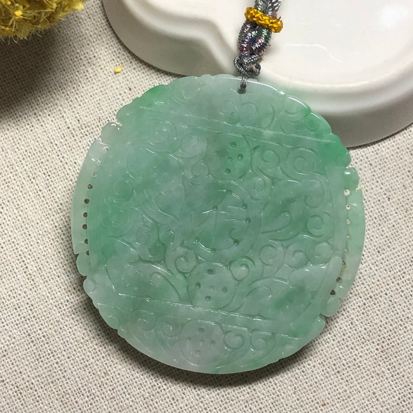 SALE: 56.7 mm Jadeite Jade Yang Green Carved Asian Design Pendant