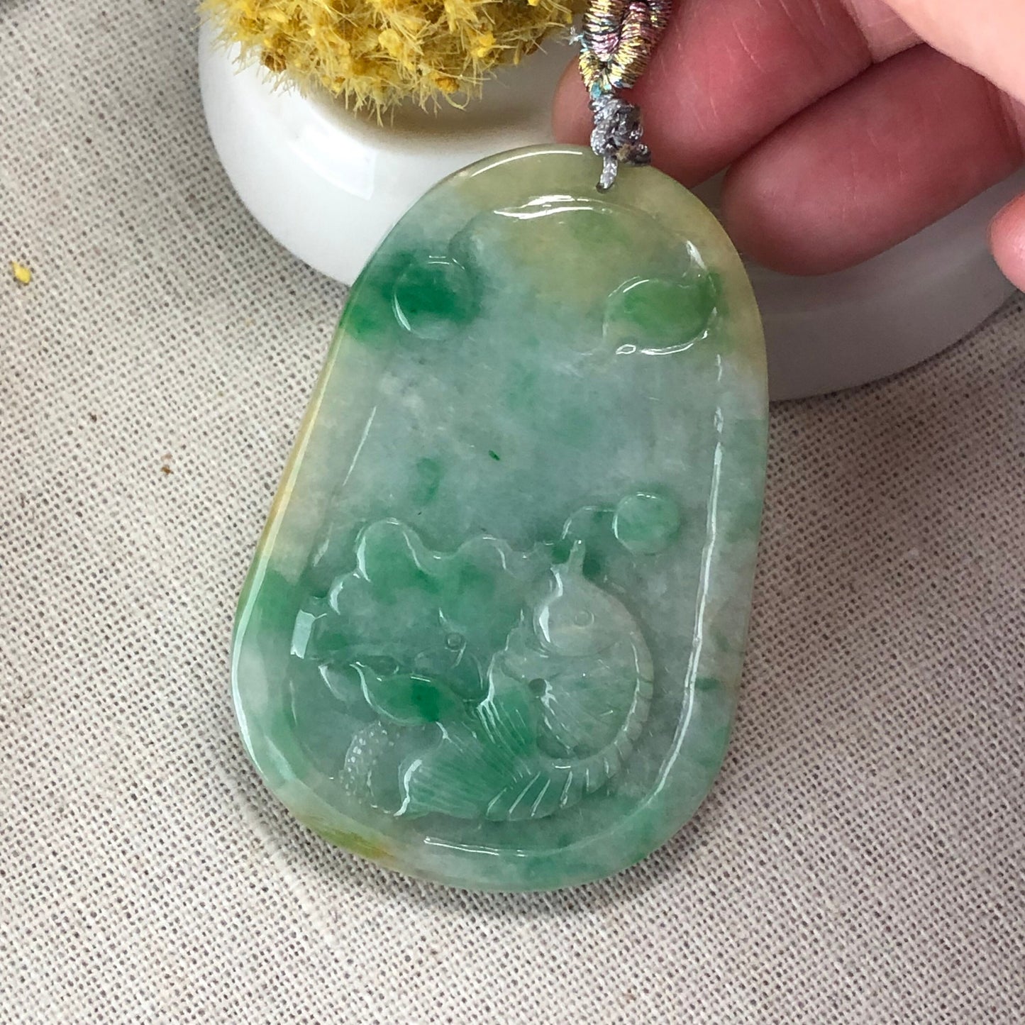 Reserved: 60 mm Jadeite Jade Yellow Green Carved Bird Flowers Pendant RARR