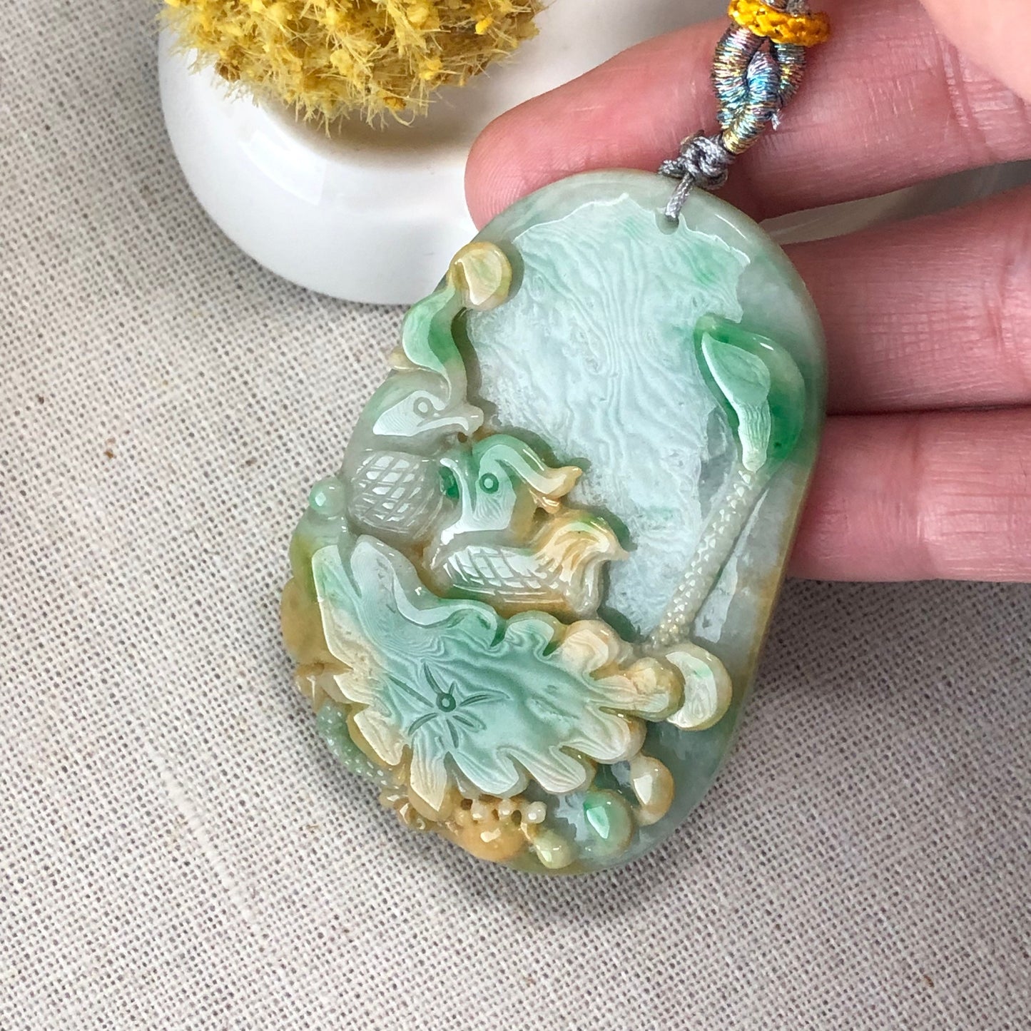 Reserved: 60 mm Jadeite Jade Yellow Green Carved Bird Flowers Pendant RARR
