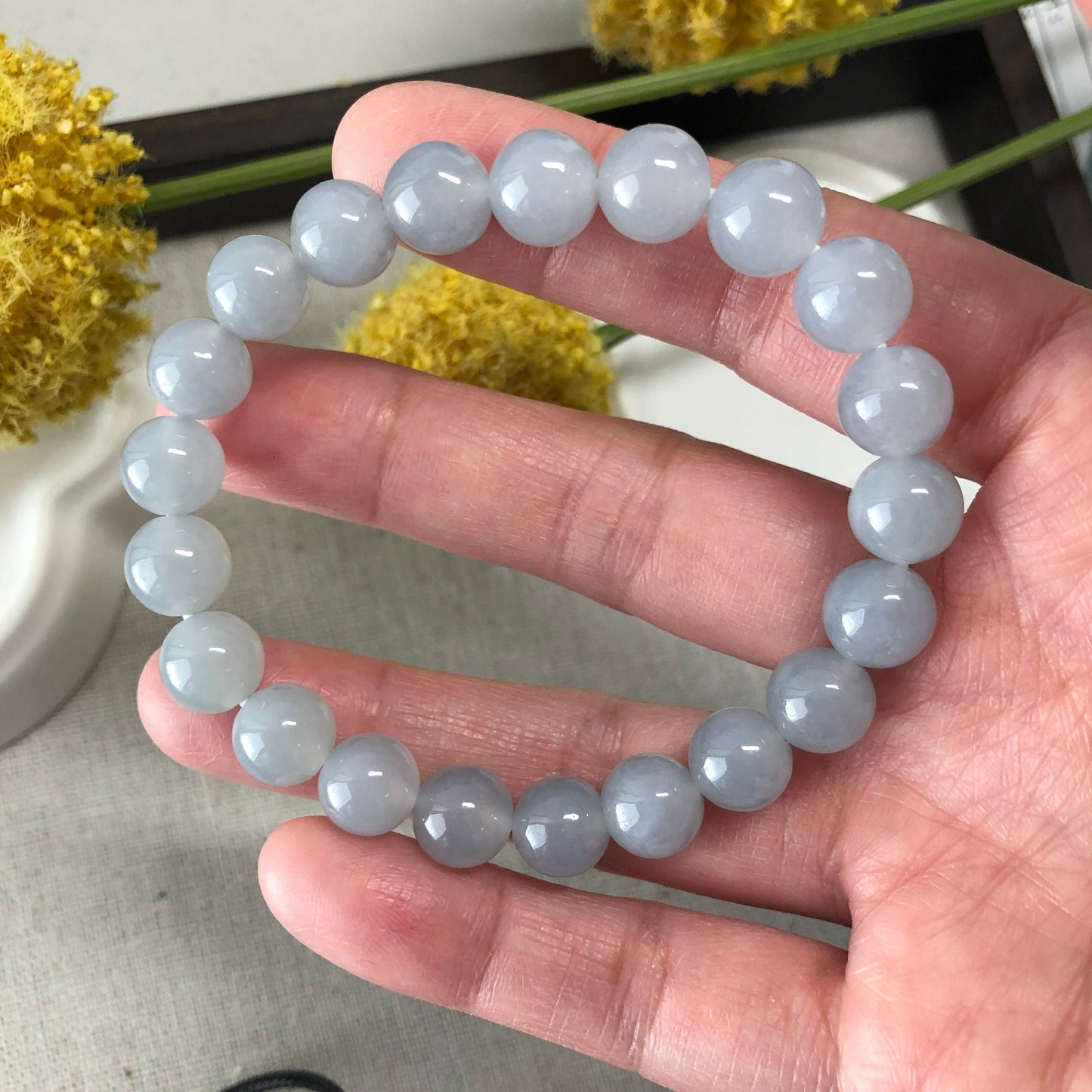 9 mm Jadeite Jade Icy Sky Blue Bead Bracelet 21pcs.