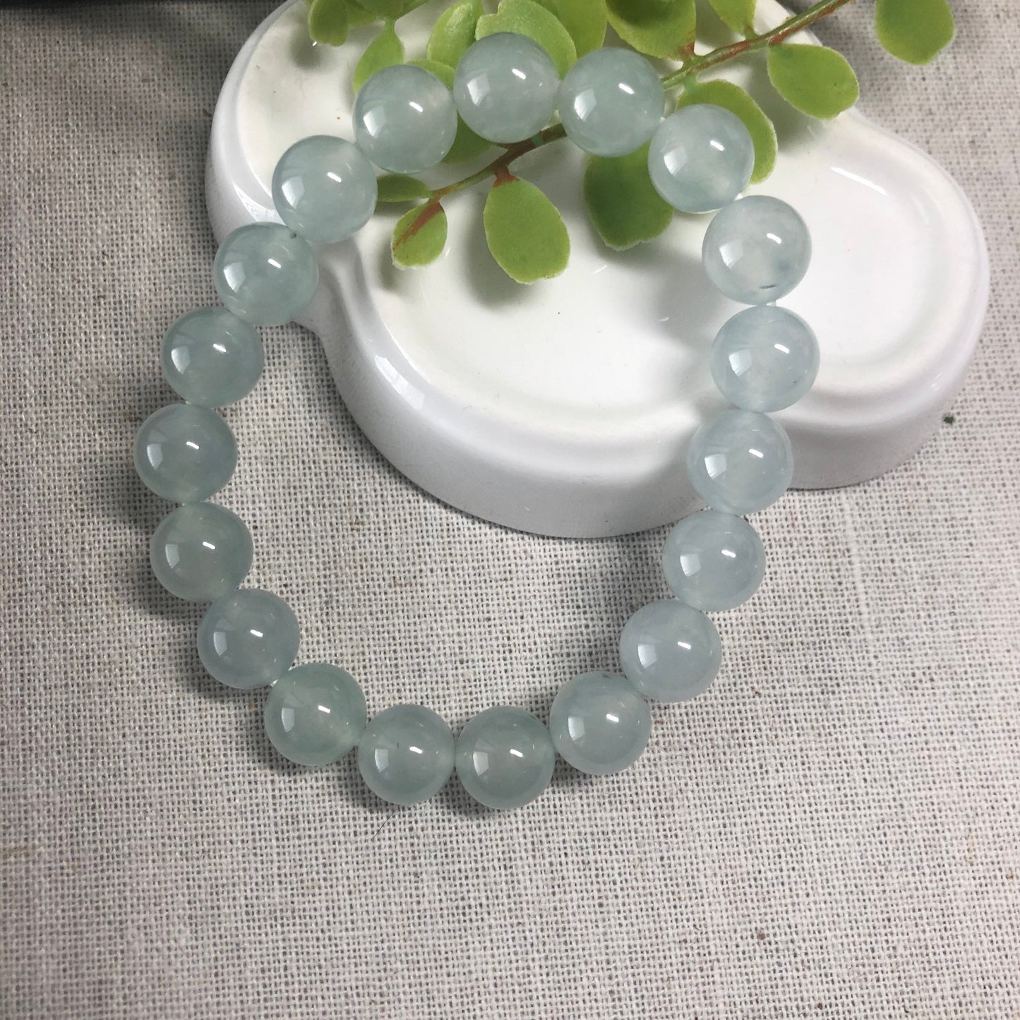 10 mm Jadeite Jade Icy Tint Green Round Bead Bracelet 19pcs. RARE