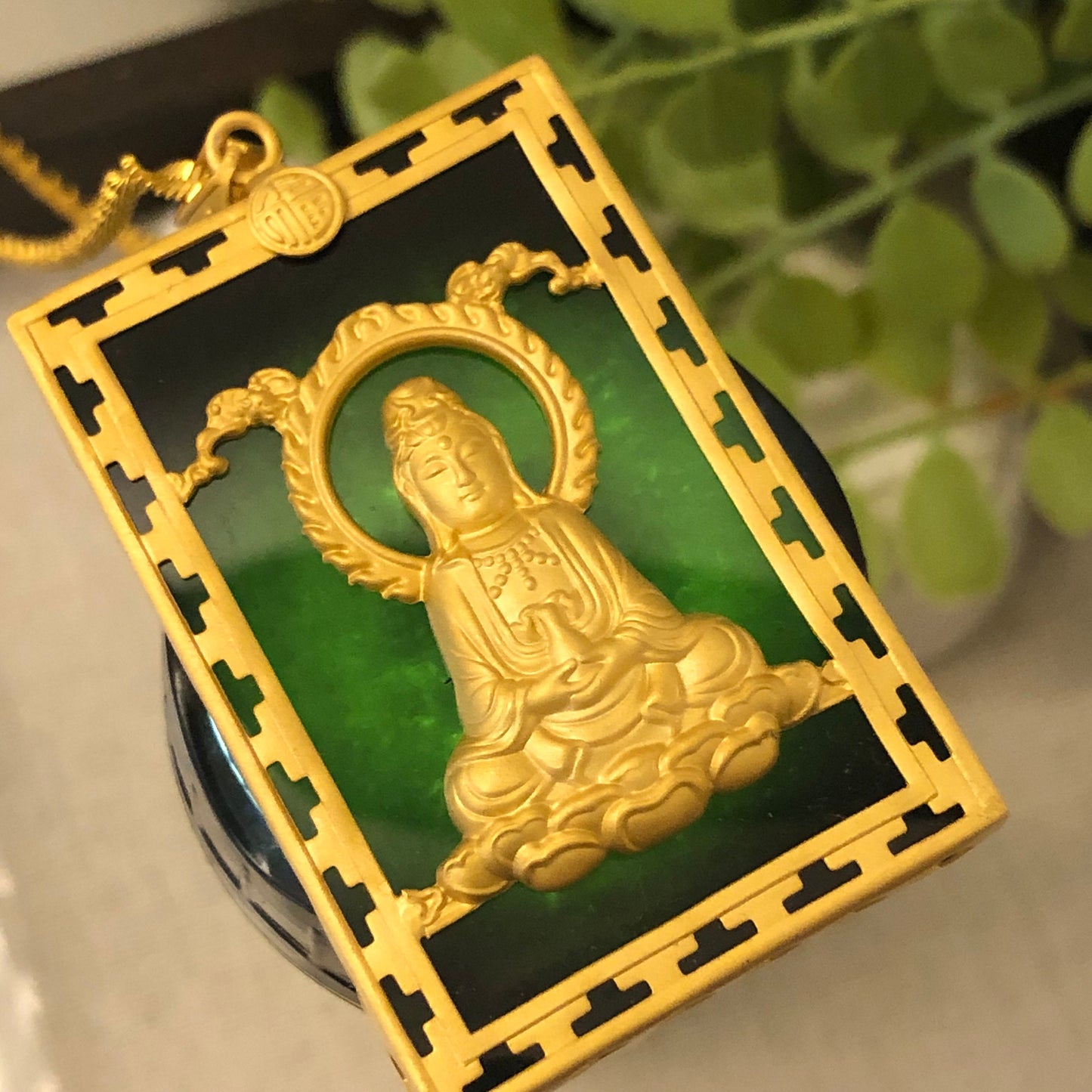 SALE: 46.5mm Jadeite Jade Omphacite Black Carved Guanyin Pendant 925 sterling silver