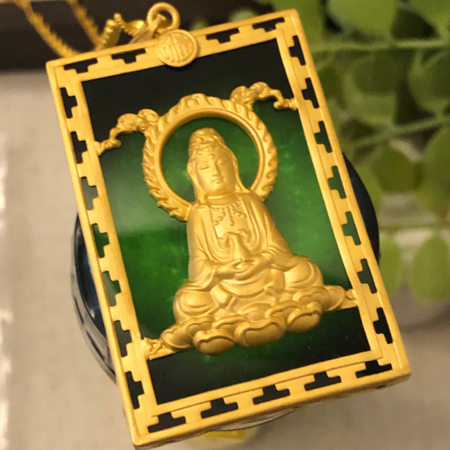 SALE: 46.5mm Jadeite Jade Omphacite Black Carved Guanyin Pendant 925 sterling silver