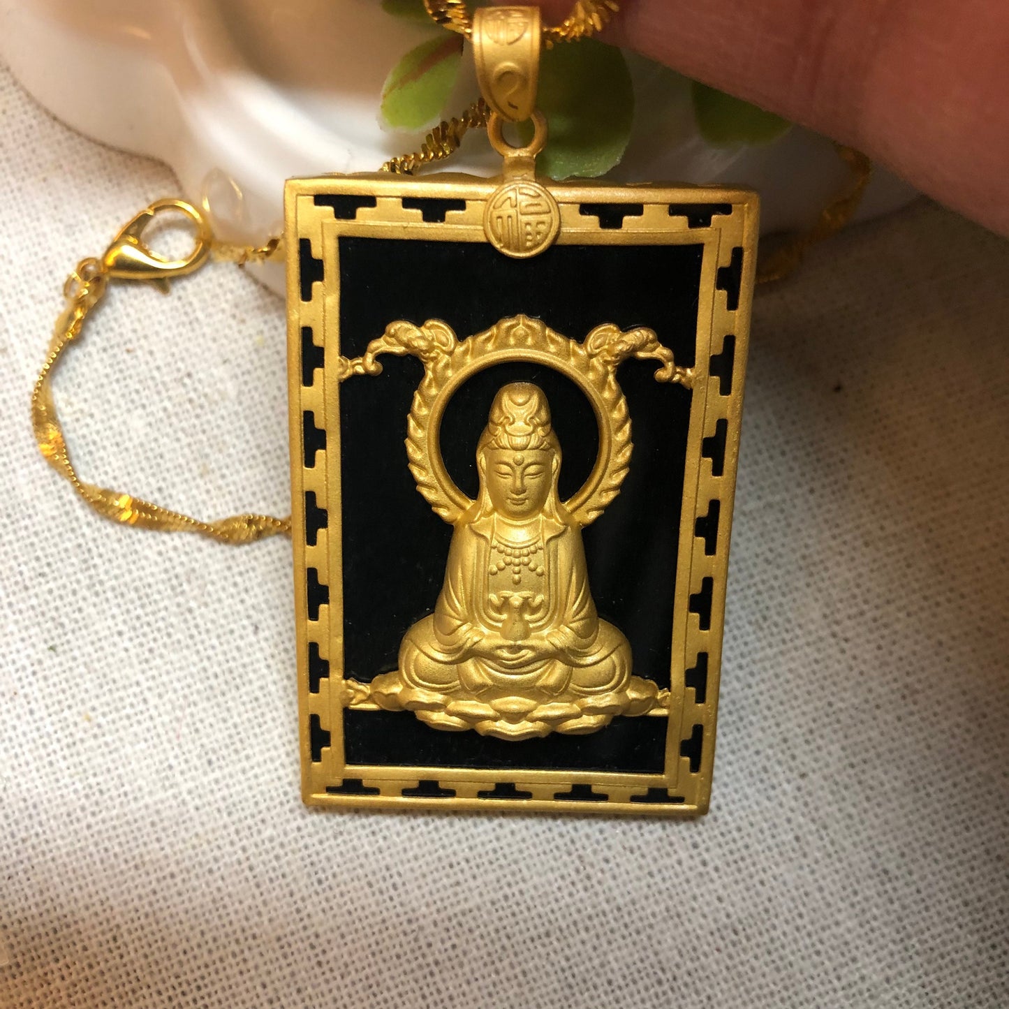 SALE: 46.5mm Jadeite Jade Omphacite Black Carved Guanyin Pendant 925 sterling silver