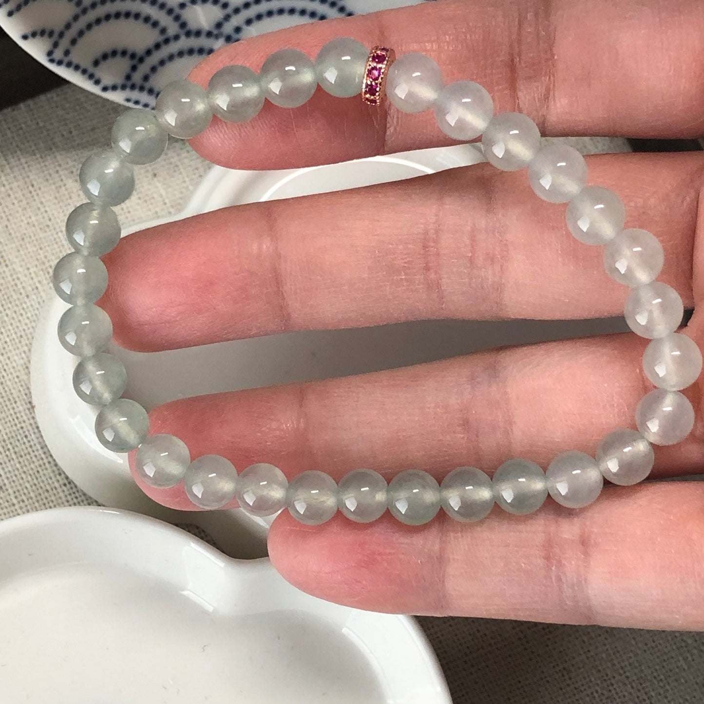 6.2 mm Jadeite Jade Icy Tint Green Round Bead Bracelet 30pcs. RARE