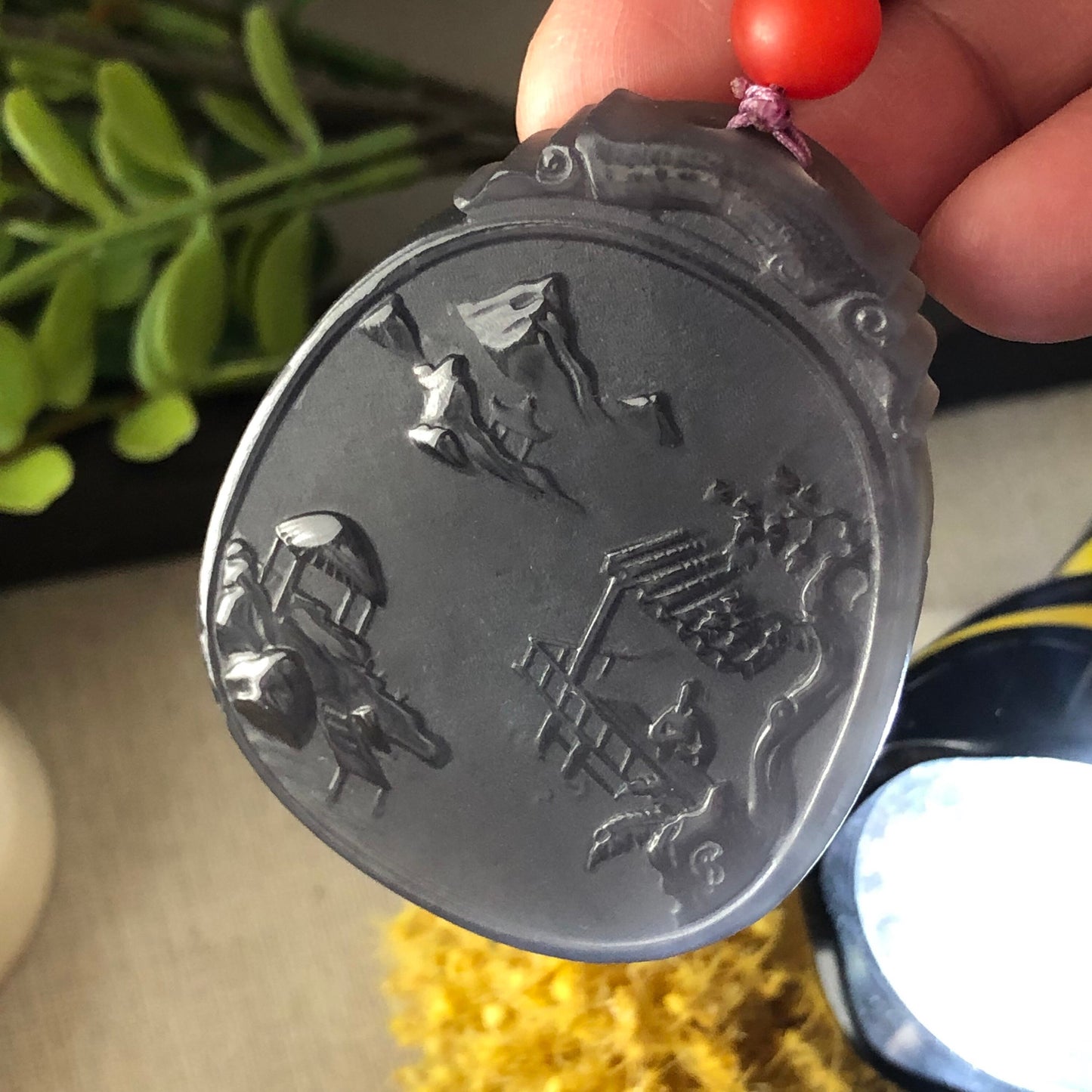 51.8 mm Hetian Jade Icy Imperial Purple Carved Scenery Landscape Pendant RARE