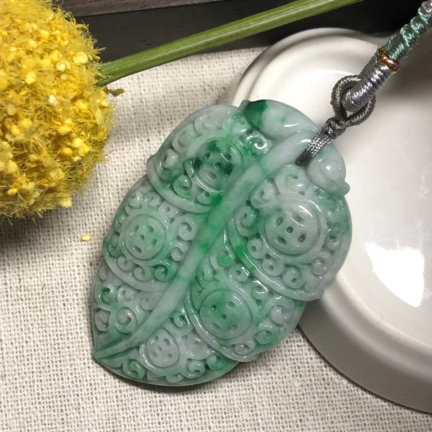 SALEL: 54.4 mm Jadeite Jade Green Carved Asian Design Leaf Pendant