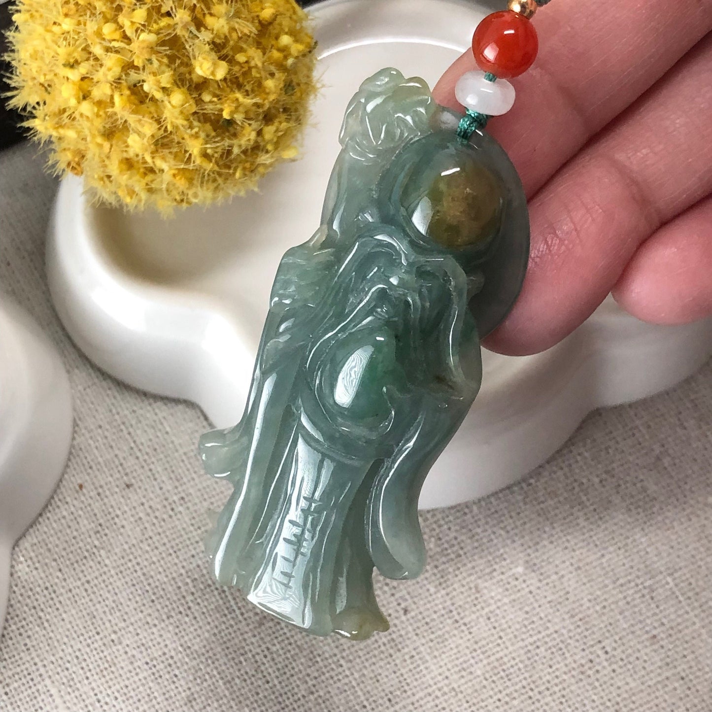 54.1mm Jadeite Jade Icy Blue Green Longevity Old Man Carved Pendant