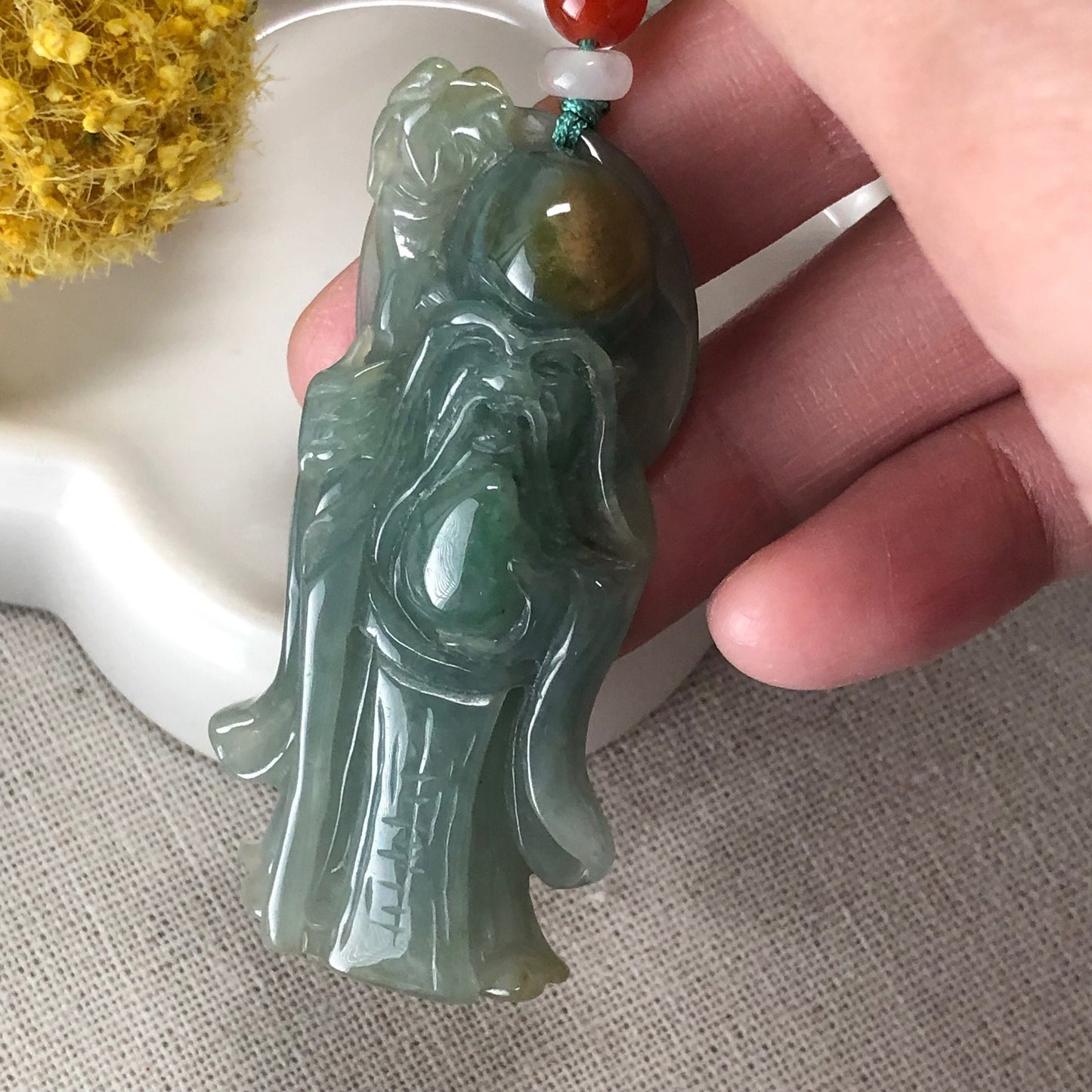 54.1mm Jadeite Jade Icy Blue Green Longevity Old Man Carved Pendant