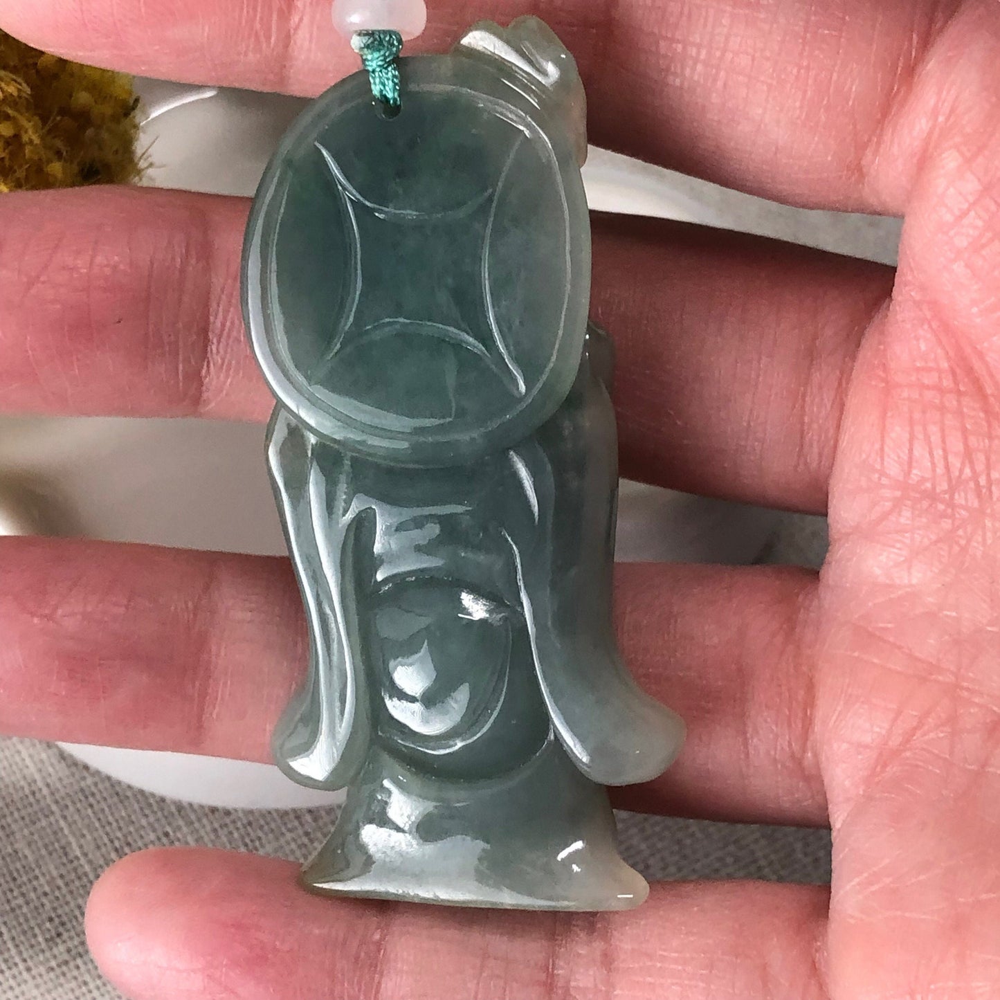 54.1mm Jadeite Jade Icy Blue Green Longevity Old Man Carved Pendant