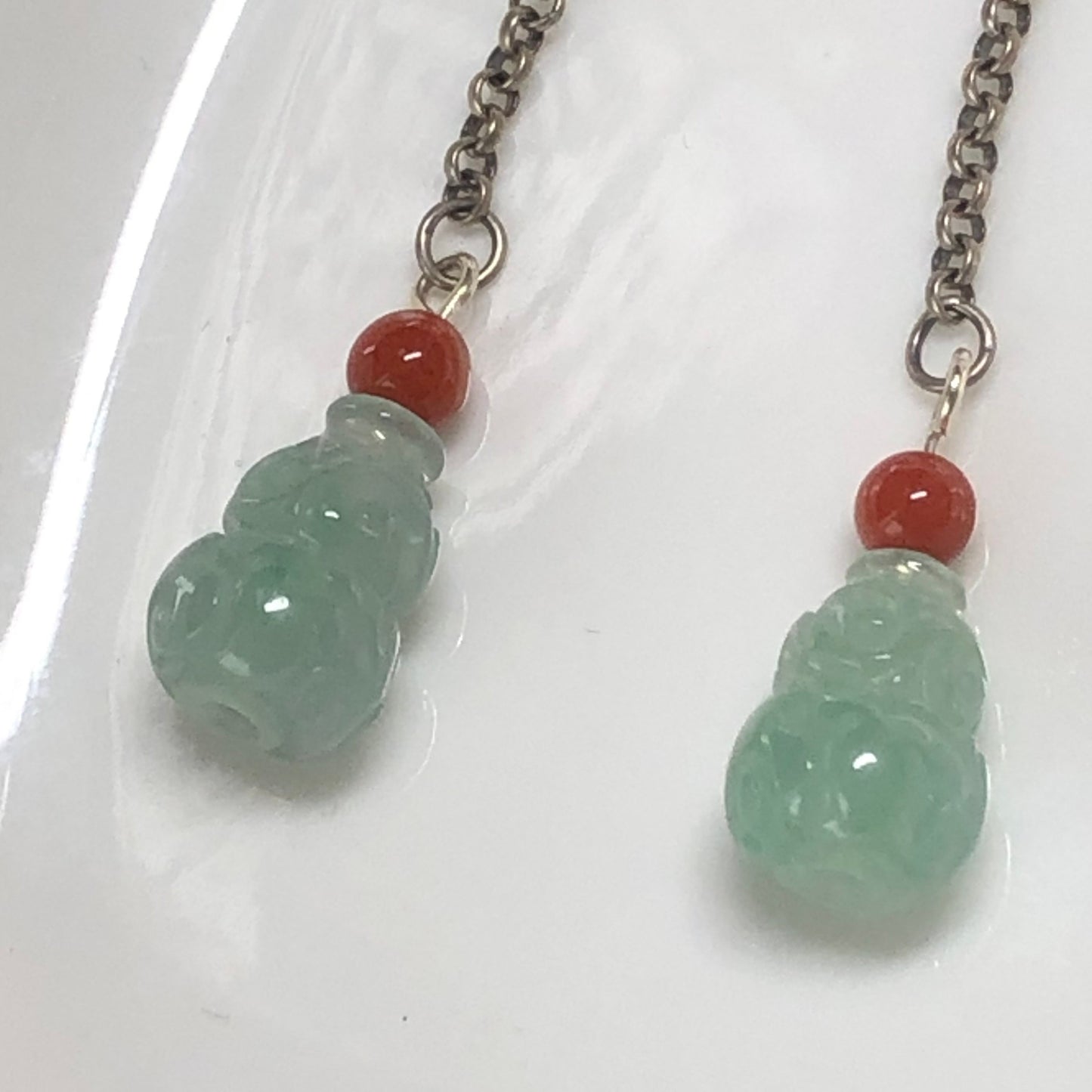 10mm Jadeite Jade Icy Tint Green Dangle Carved Gourd Earrings 925S